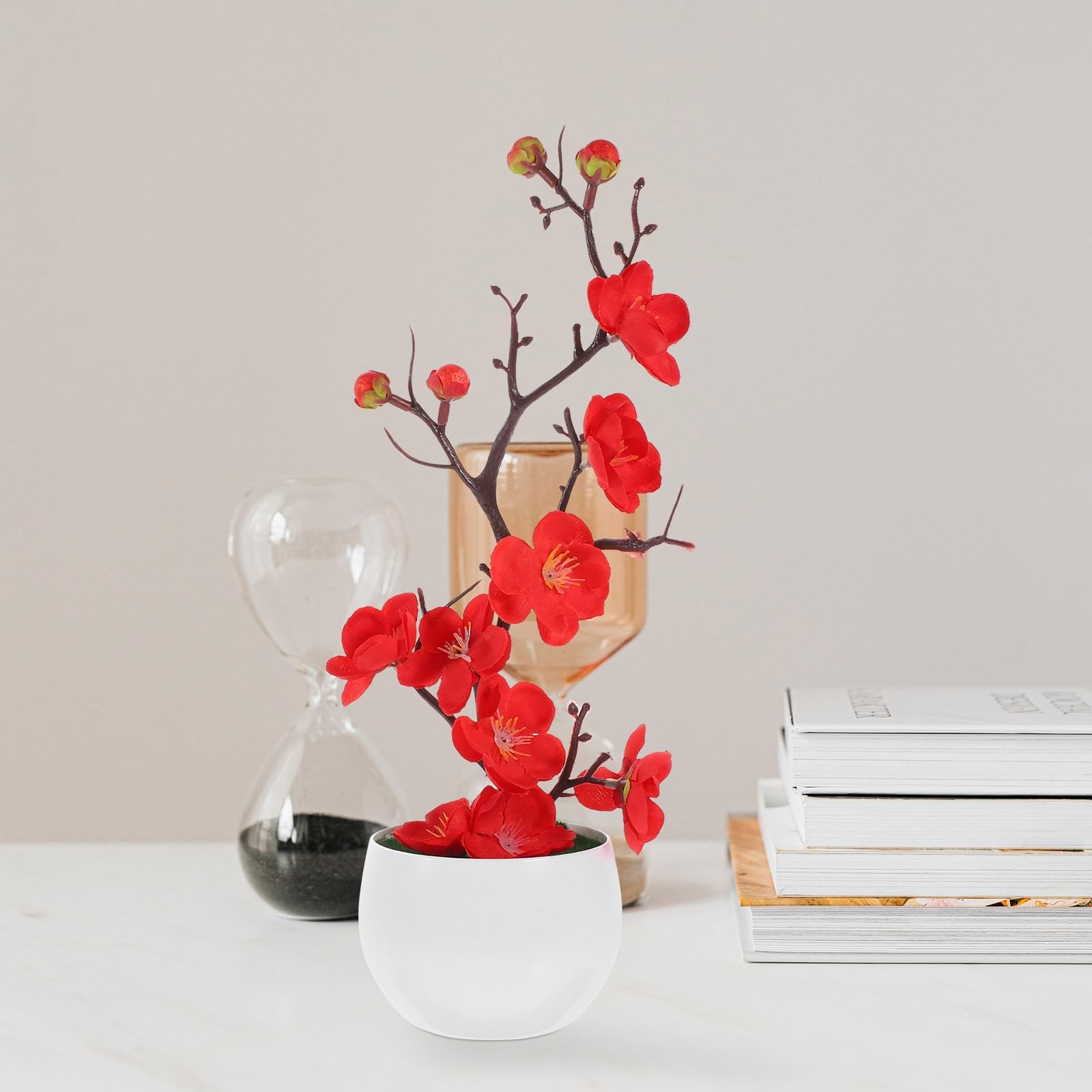 Artificial Plum Blossom Bonsai 11.81In Faux Potted Plant – Lifelike Red Bloom…