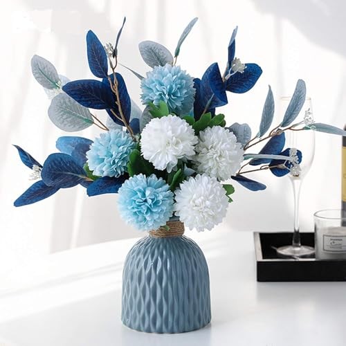Artificial Flowers with Ceramic Vase Faux Hydrangea Flower Arrangements Blue