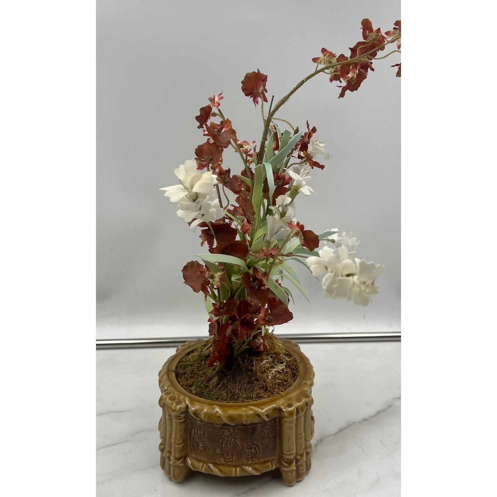Vintage Faux Orchid Silk Flower Arrangement in Bamboo Style Ceramic Footed Pot