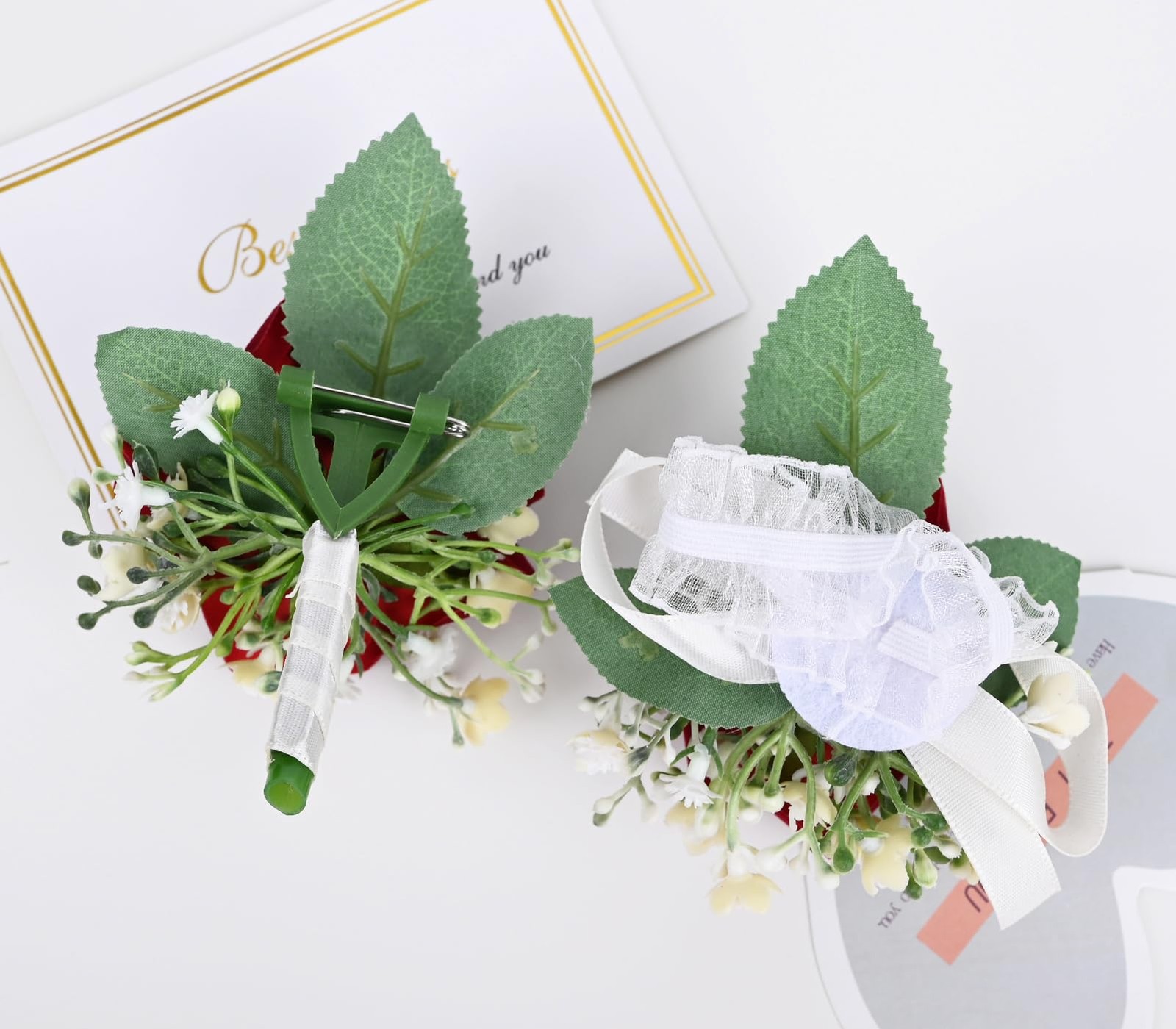 2 Pieces Boutonniere Wrist Corsage Set Artificial Rose Flowers Burgundy White