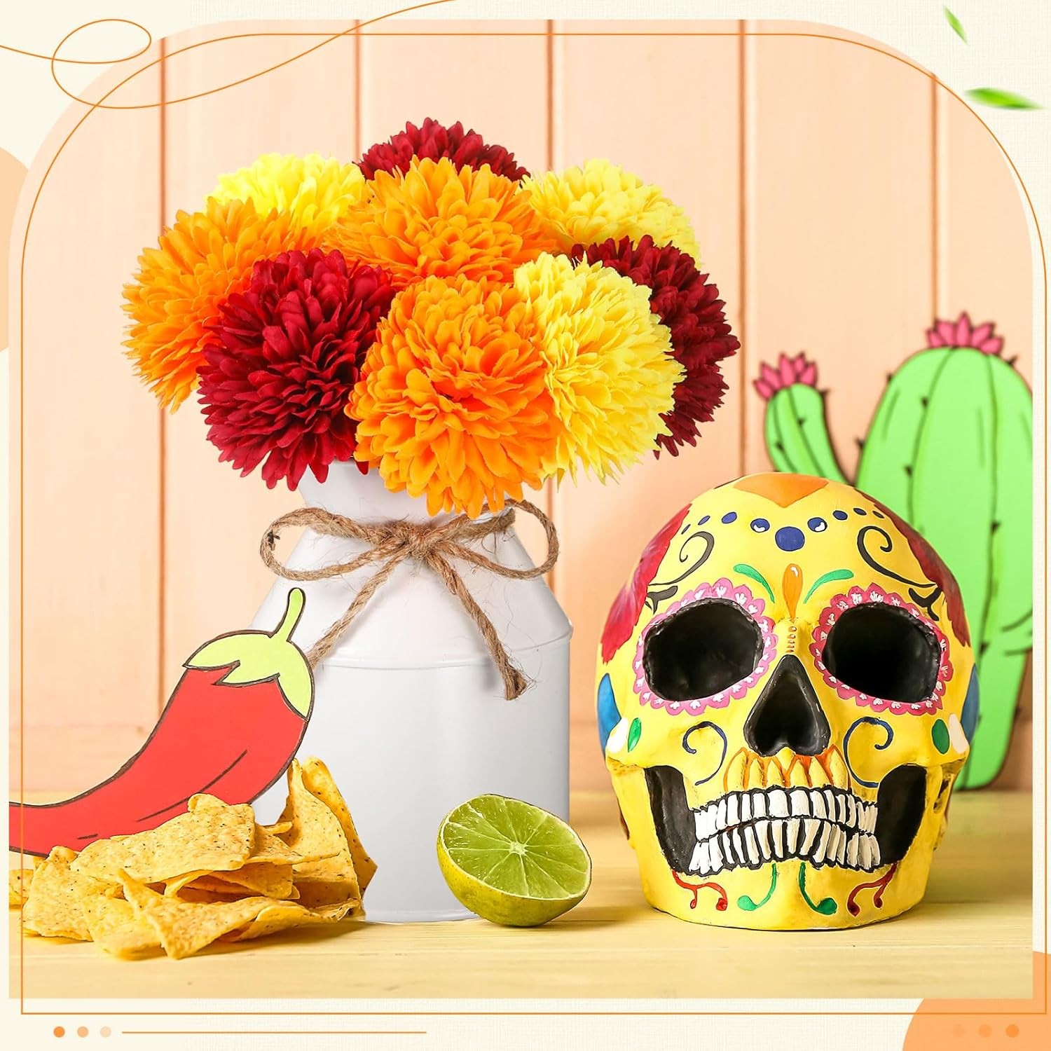 3 Sets Mexican Artificial Marigold Flowers 27 PCS Silk Mums Metal Pots