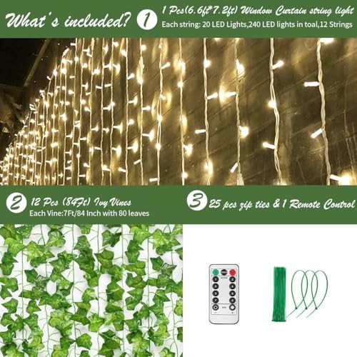 12 Pack Artificial Ivy Leaf Plants with 240 LED Window Curtain String Lights,