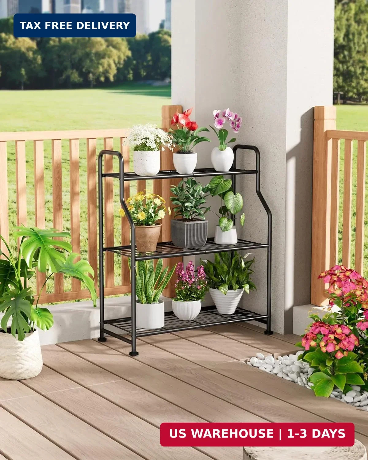 Kitsure Plant Stand Indoor & Outdoor – 3-Tier Metal Plant Shelf with Adjustable