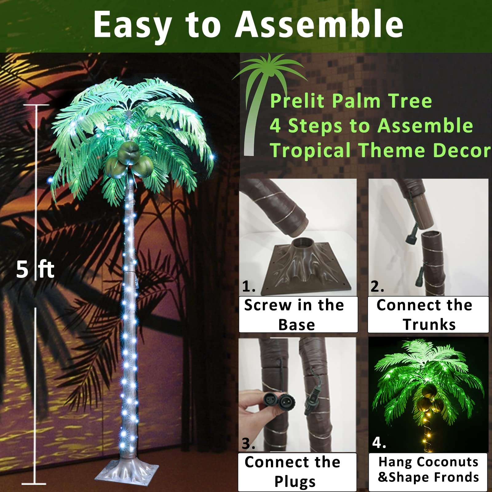 5FT Light up Palm Trees Outdoor with Remote, RGB