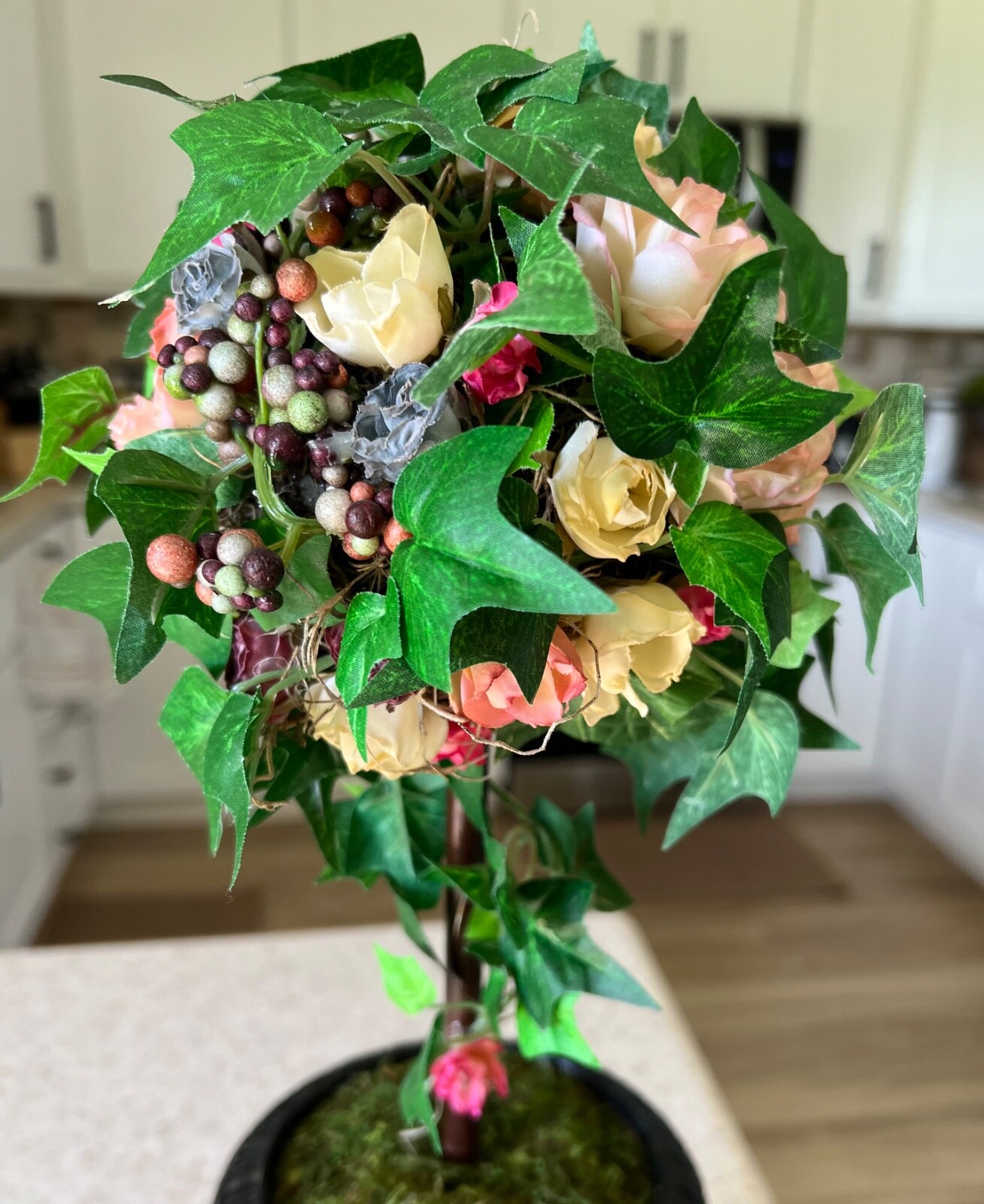 Hand Painted Ivy Floral Rose Topiary – Designer Inspired – Black & White Check