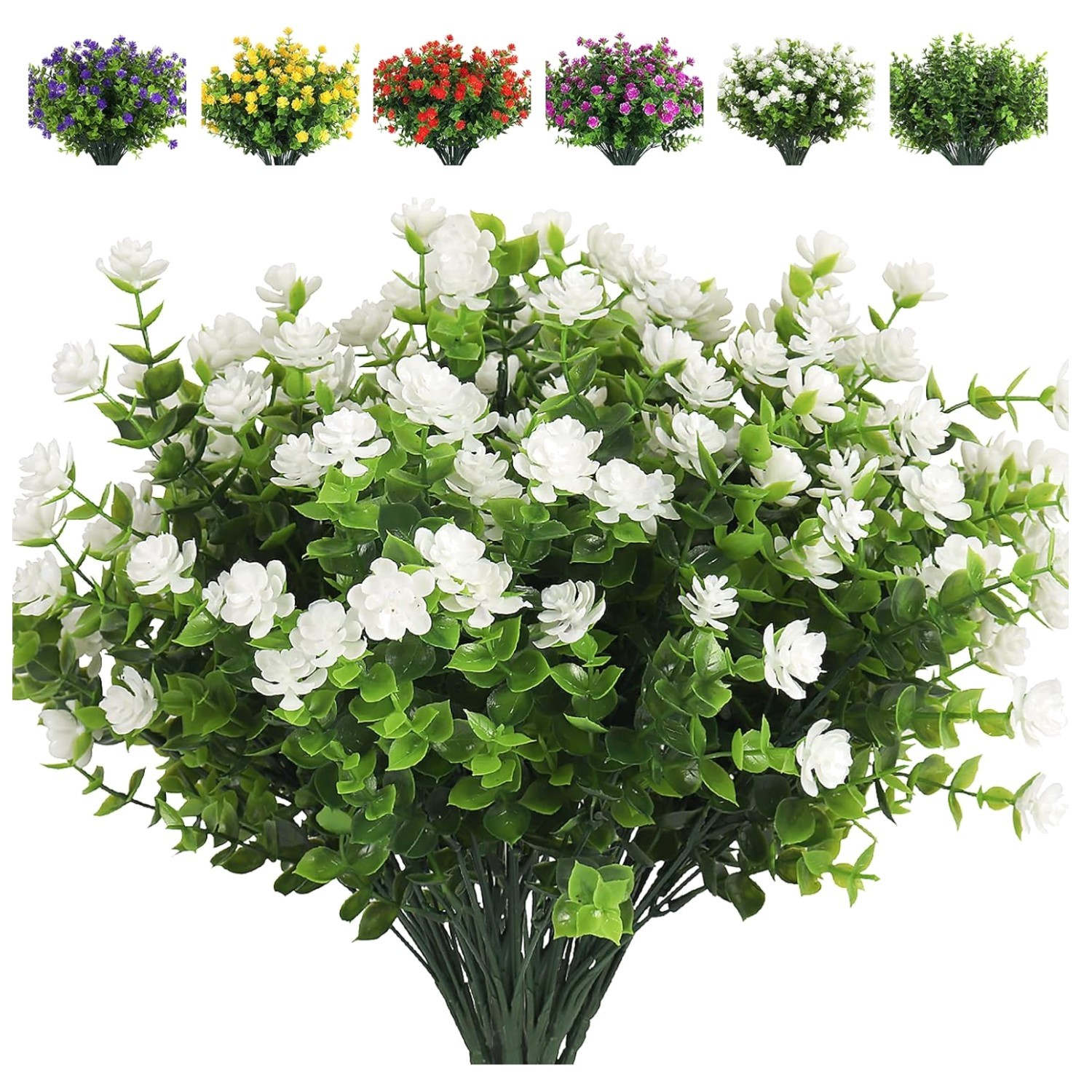 Artificial Outdoor Flowers 8 Bundles UV Resistant Faux Hydrangea&Eucalyptus D…