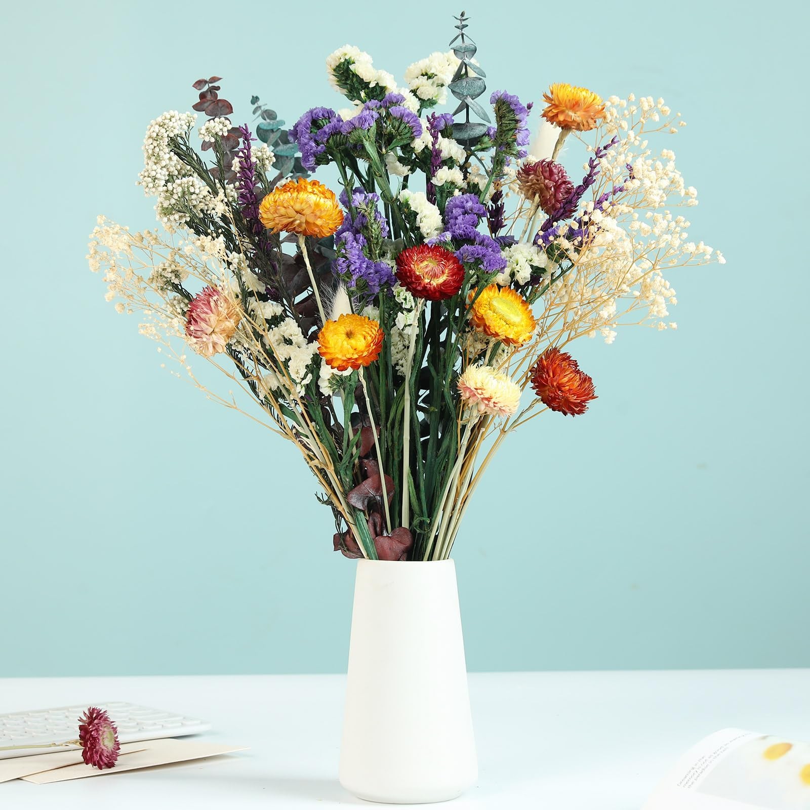Natural Dried Flower Bouquet, 17″ DIY Floral Arrangements with Eucalyptus Str…