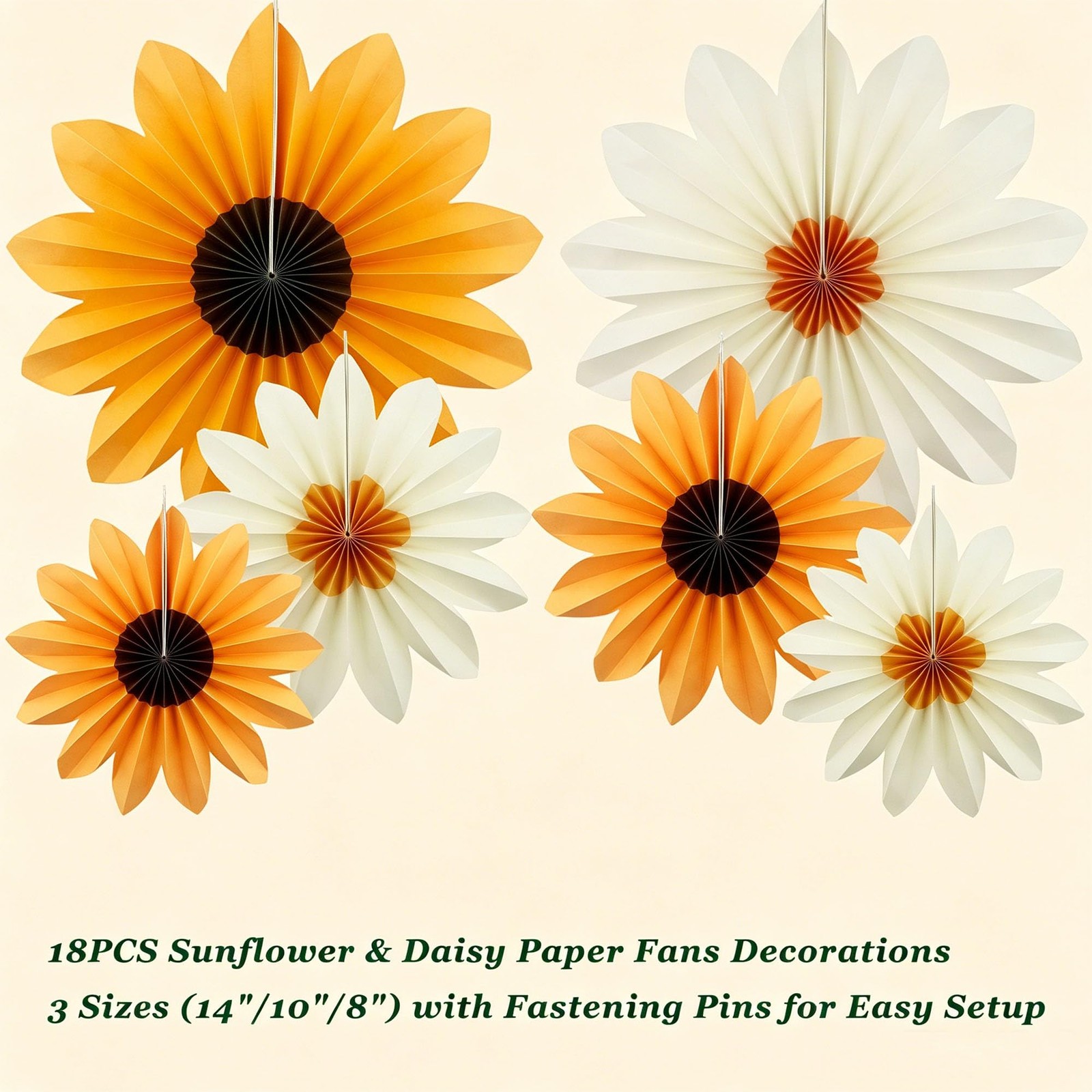18 PCS Sunflower Daisy Paper Flower Fans 14/10/8 Inch Party Wall Decor