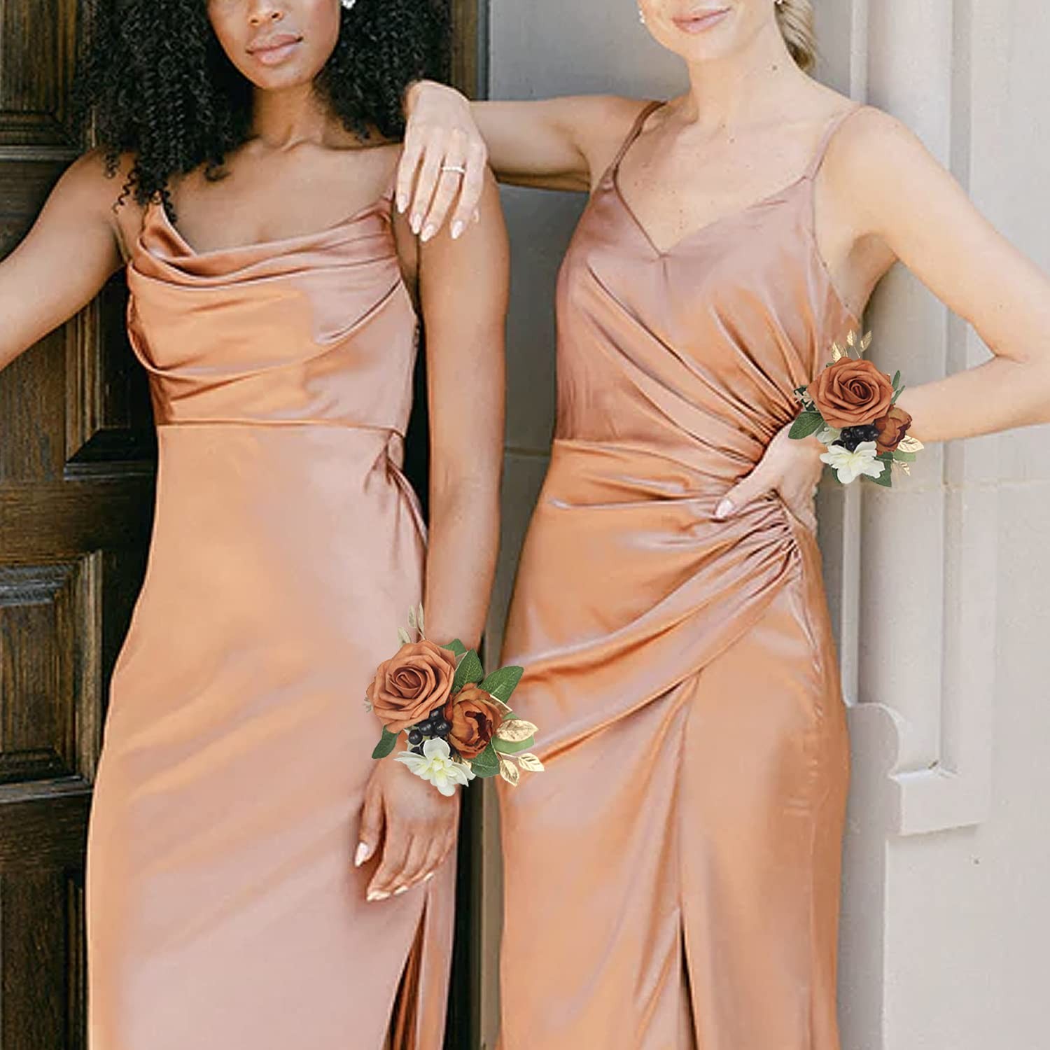 Burnt Orange Boutonniere Corsage Set Terracotta Real Touch Silk Flowers 2Piece