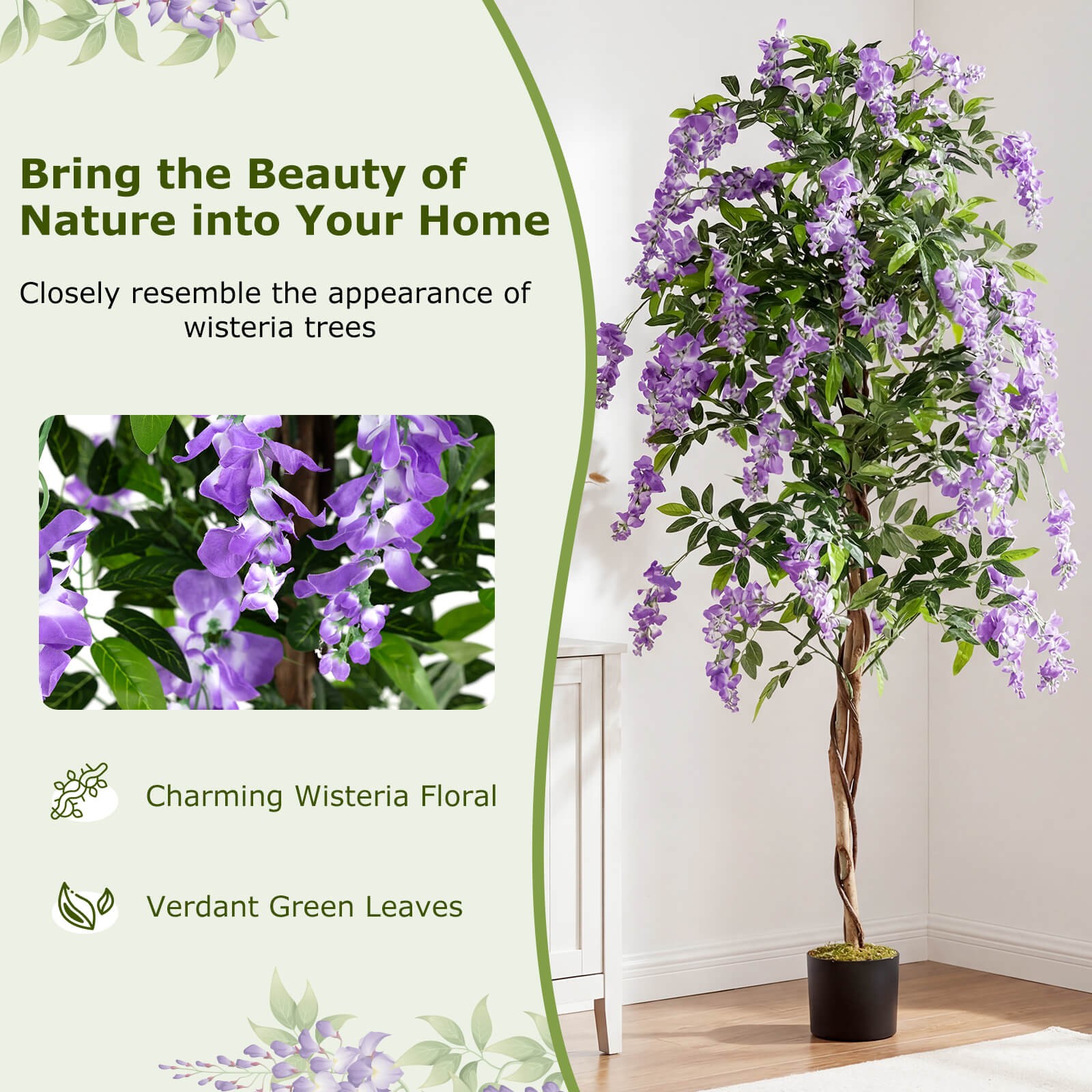 6 FT Artificial Wisteria Tree Set of 2 w/Natural Trunks Purple Lifelike Flowers