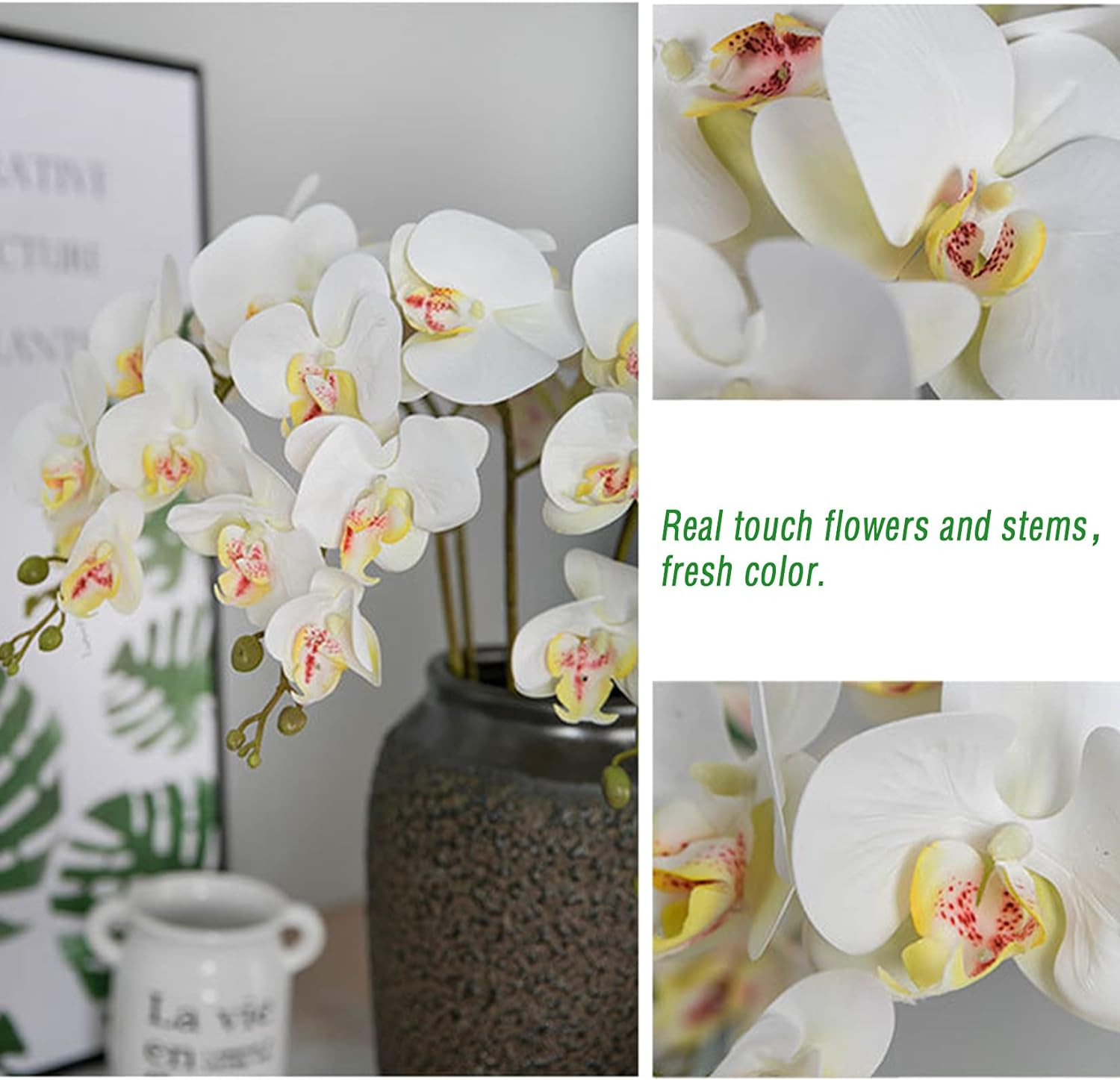 HinyoCo 5 Pcs Artificial Phalaenopsis Flowers and 4 Bundles White