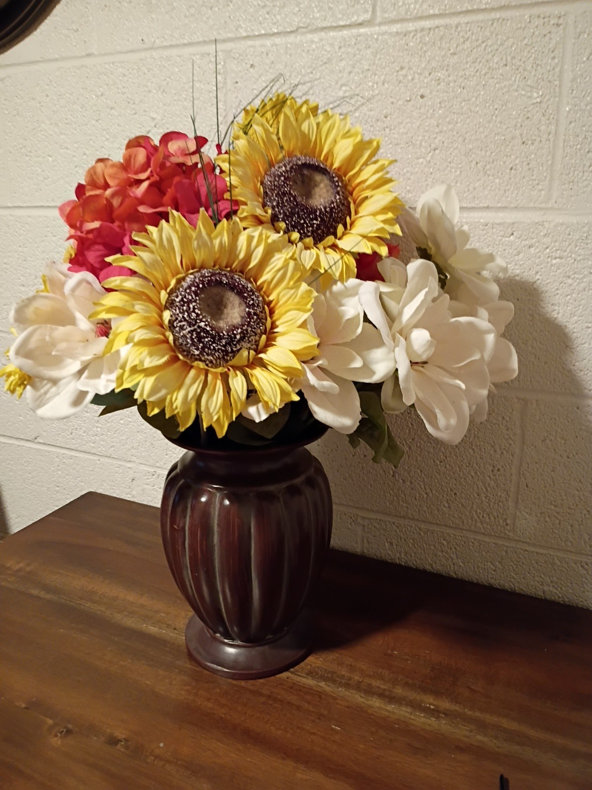Bouquet of Large Silk Flowers In Bronze Vase
