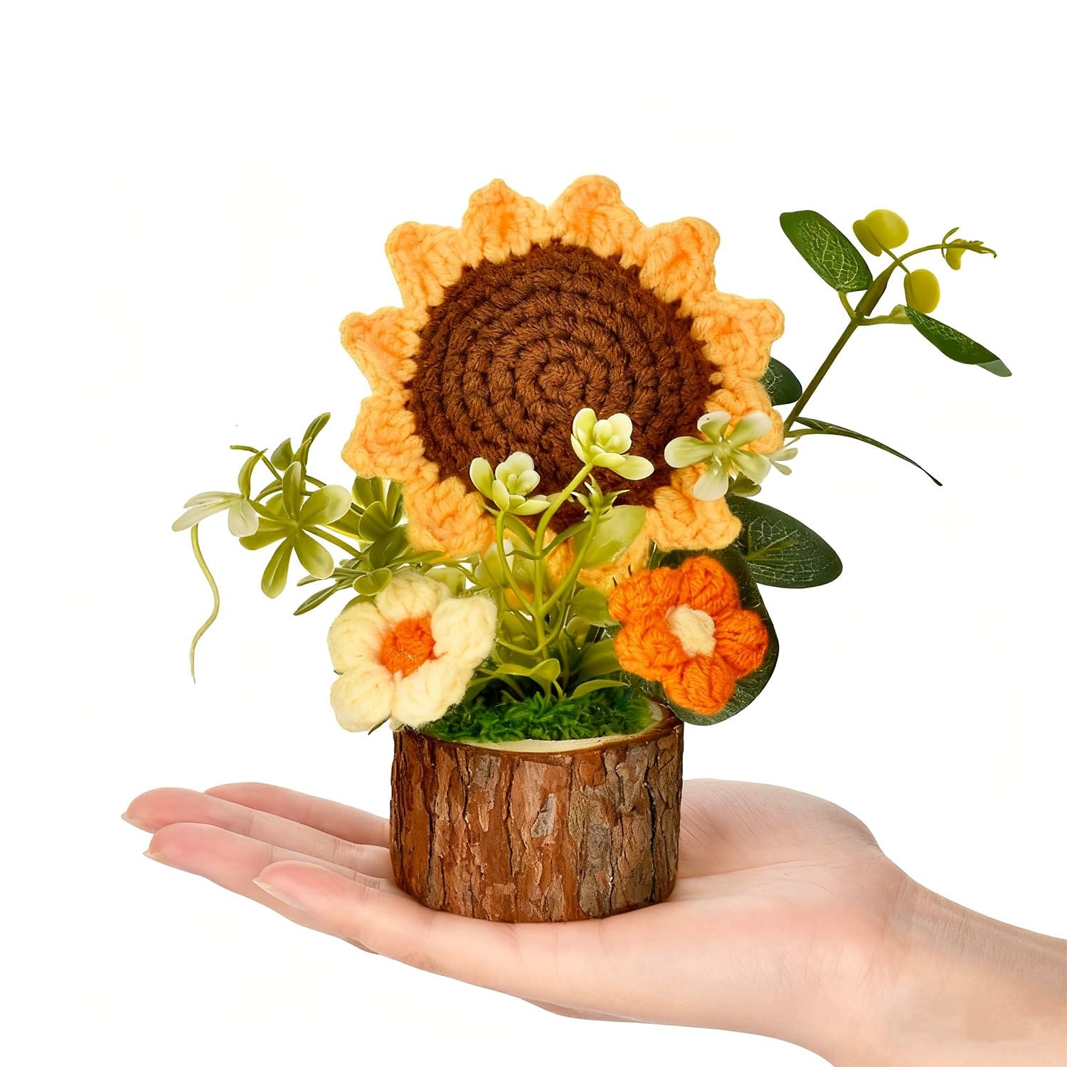 Cute Crochet Flowers Bouquet, Handmade Knitted Sunflowers with Wooden Pot, Croch