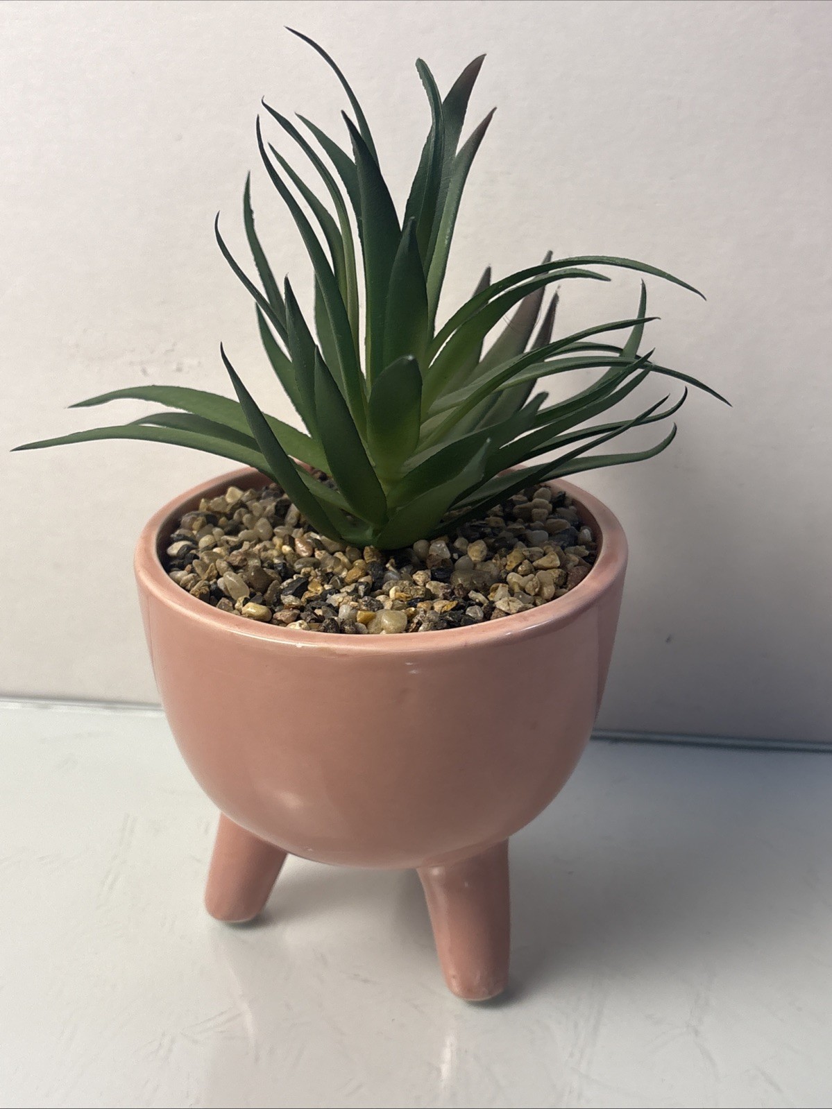 Ceramic Planter w Faux Succulent Pink Tripod Pot Mid Century Style Decor