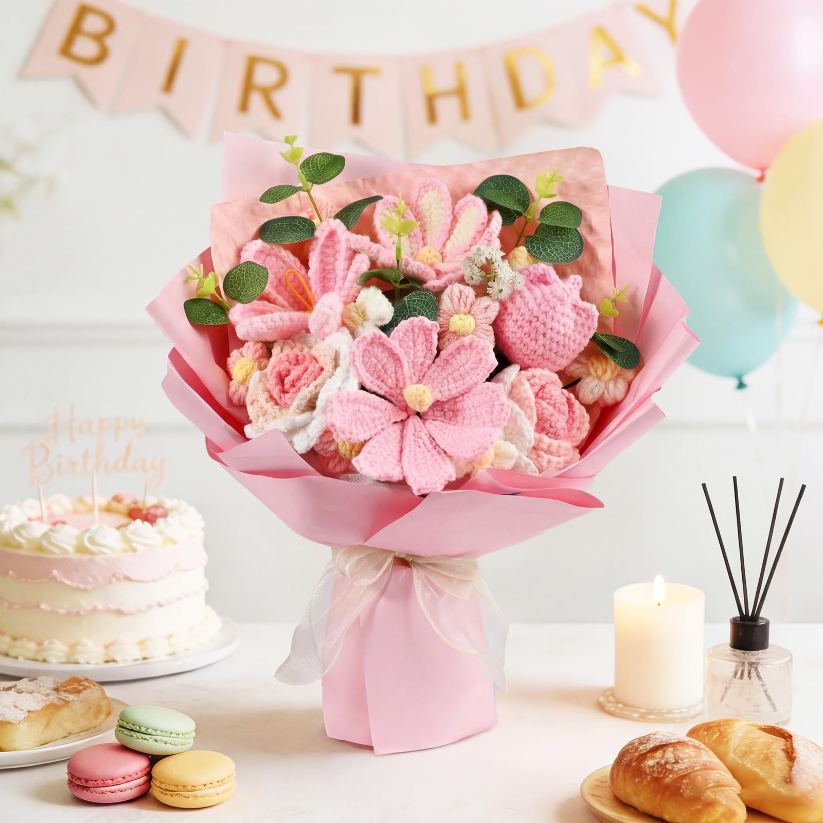 18Pcs Handmade Crochet Flower Bouquet Knitted Yarn Flowers with Bag & Card, A…