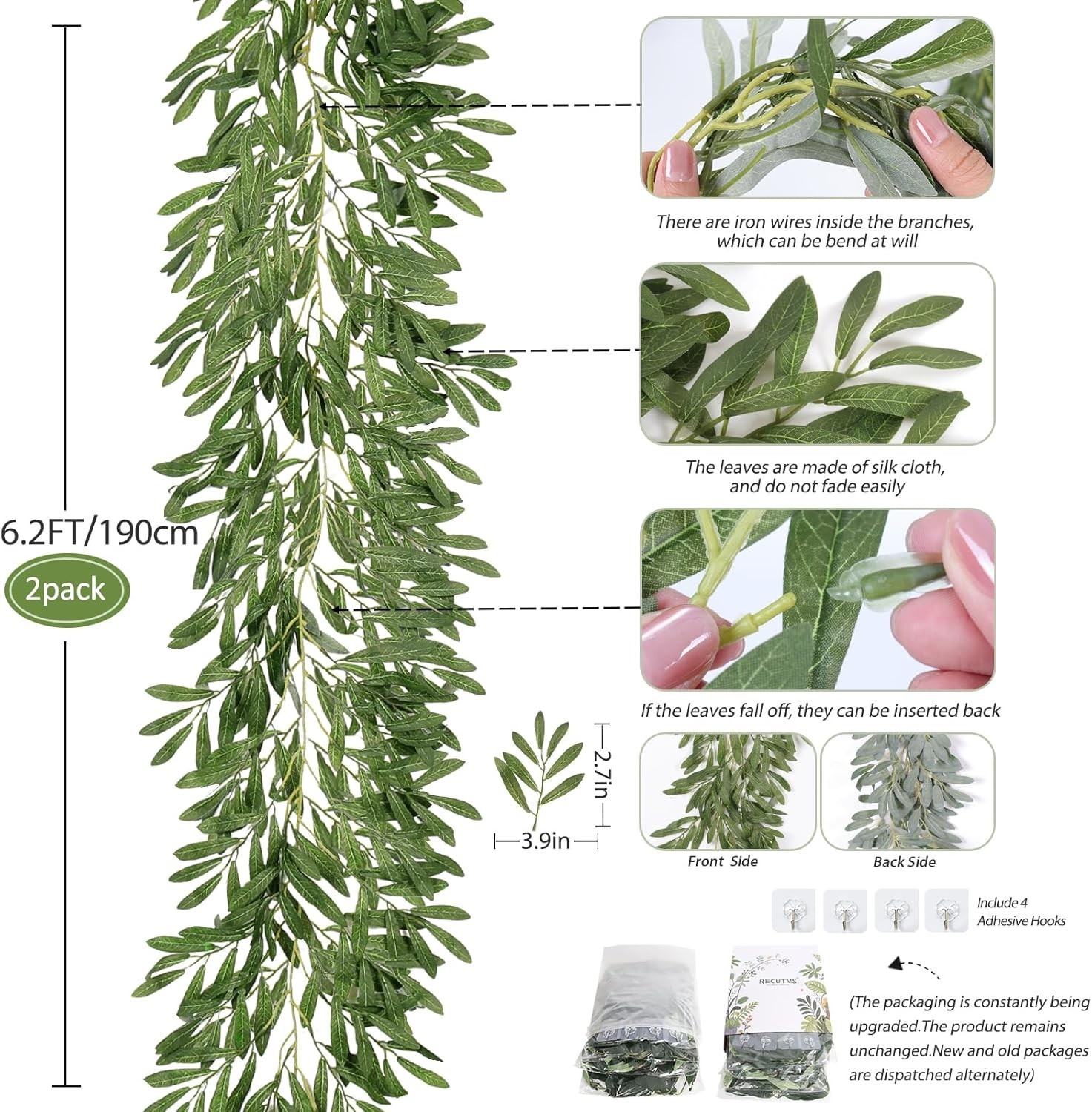 Artificial Olive Leaves Garland 6.2Ft 2-Pack