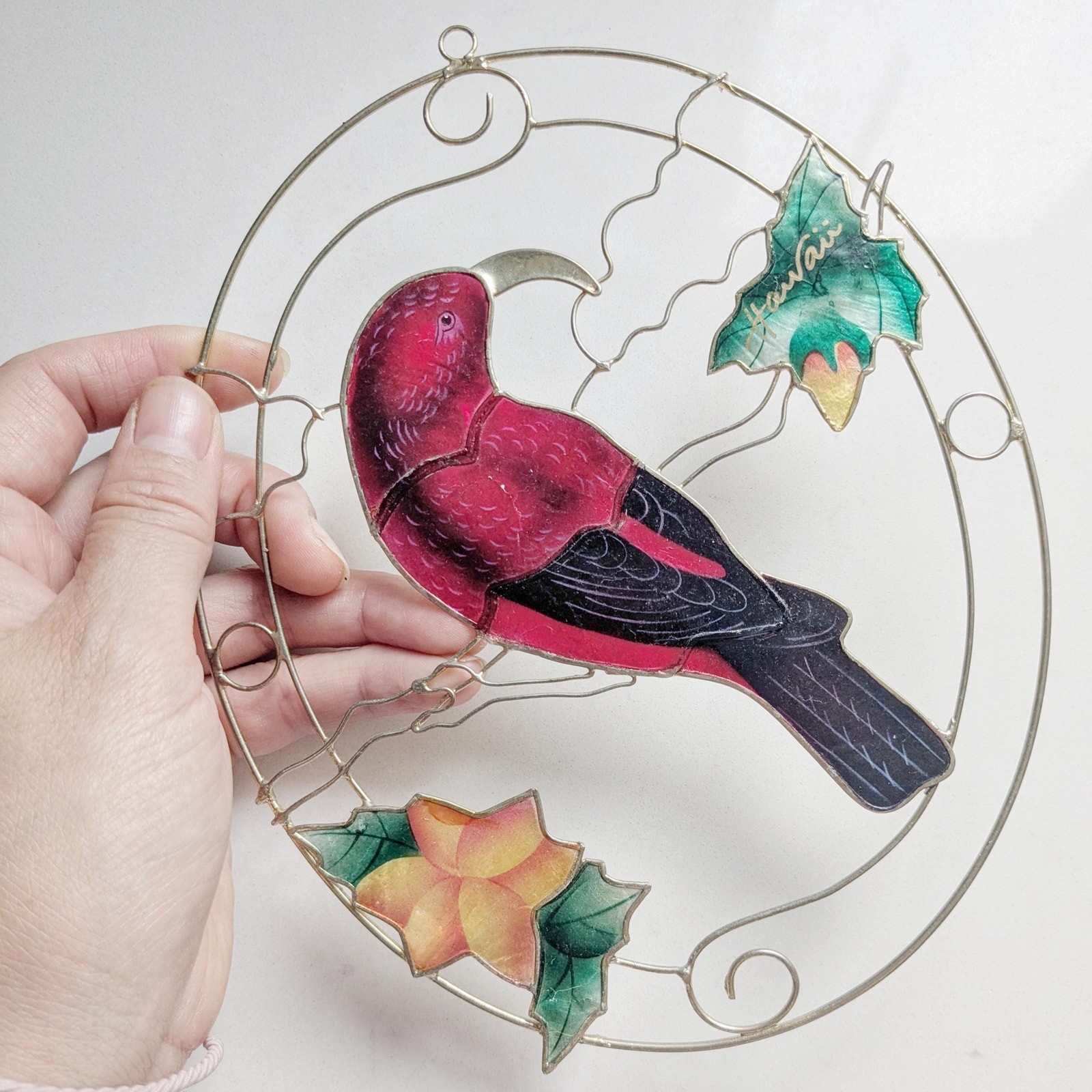 Vintage Hand-Painted Tropical Parrot Sun Catcher Stained Shell-Style Window
