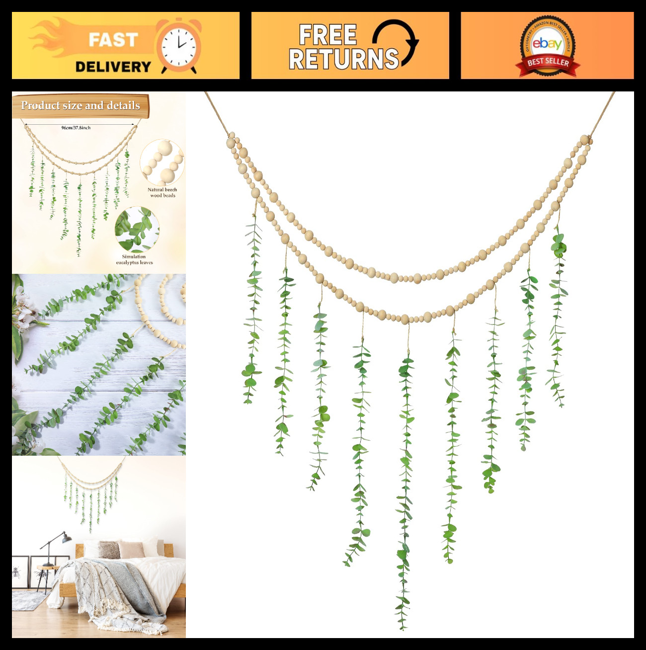 Large Boho Eucalyptus Wall Decor – 36″ Wooden Bead Garland, Greenery Hanging Art