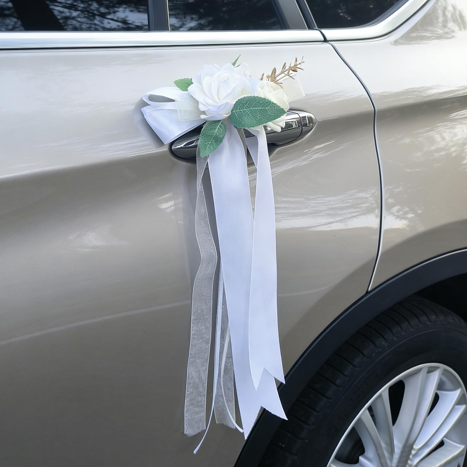 6 PCS Ivory White Rose Wedding Car Decor Kit Door Handle Rearview Mirror Flower