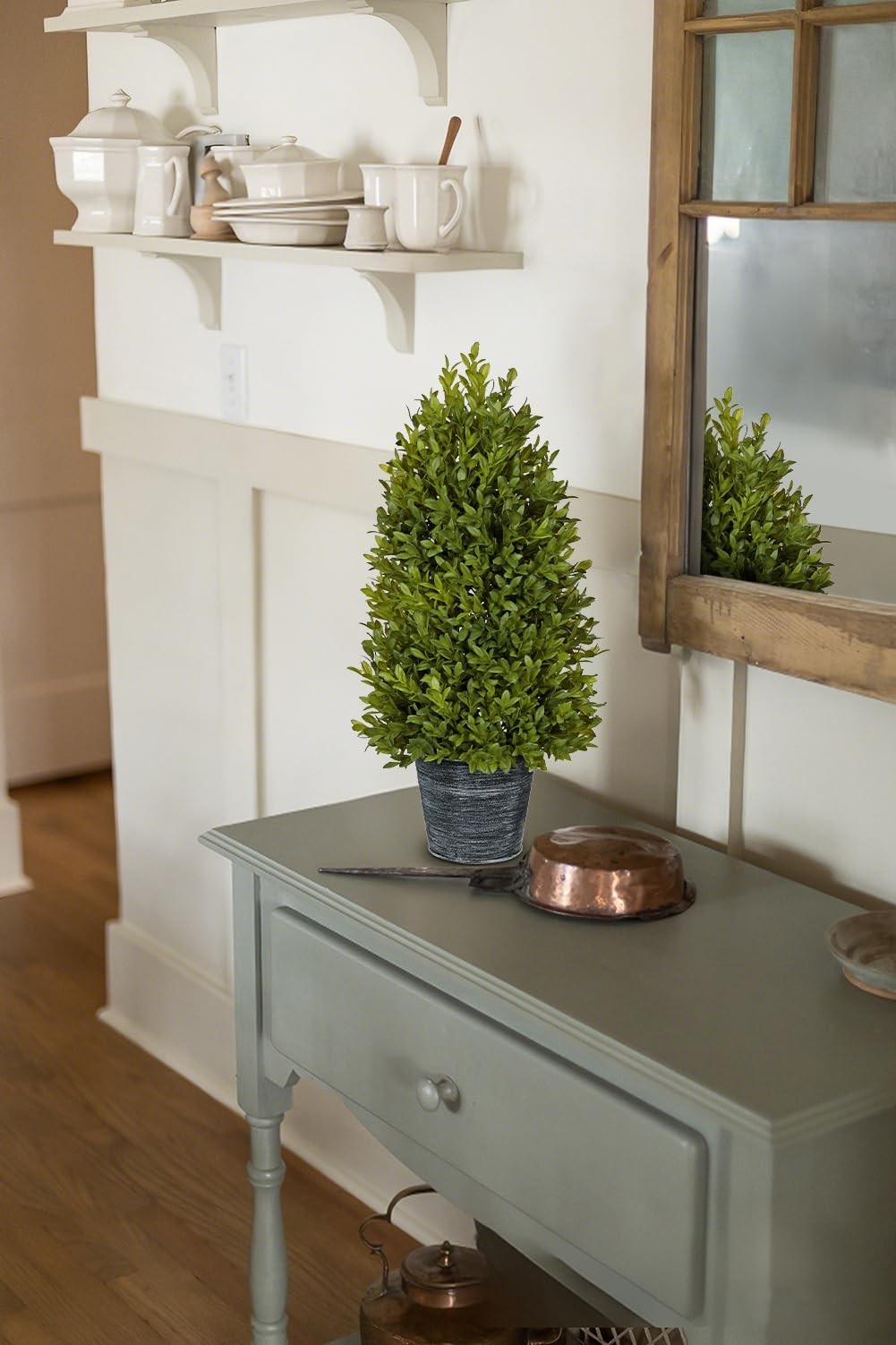 Artificial Boxwood Cone Topiary Tree, 18″ Small Fake Plant Faux Potted Plant …
