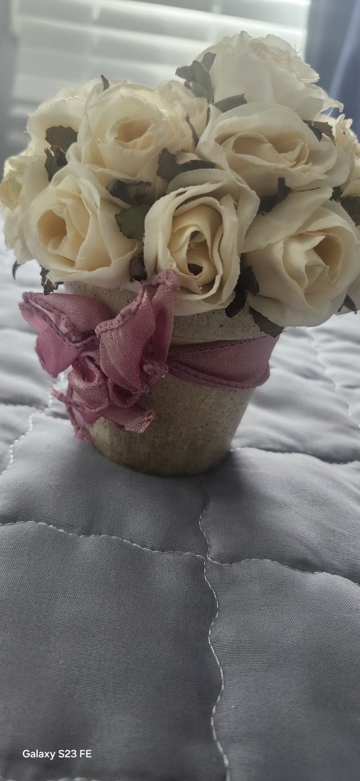 Artificial Cream Rose Arrangement in Pot with Pink Ribbon, Silk Flower Bouquet