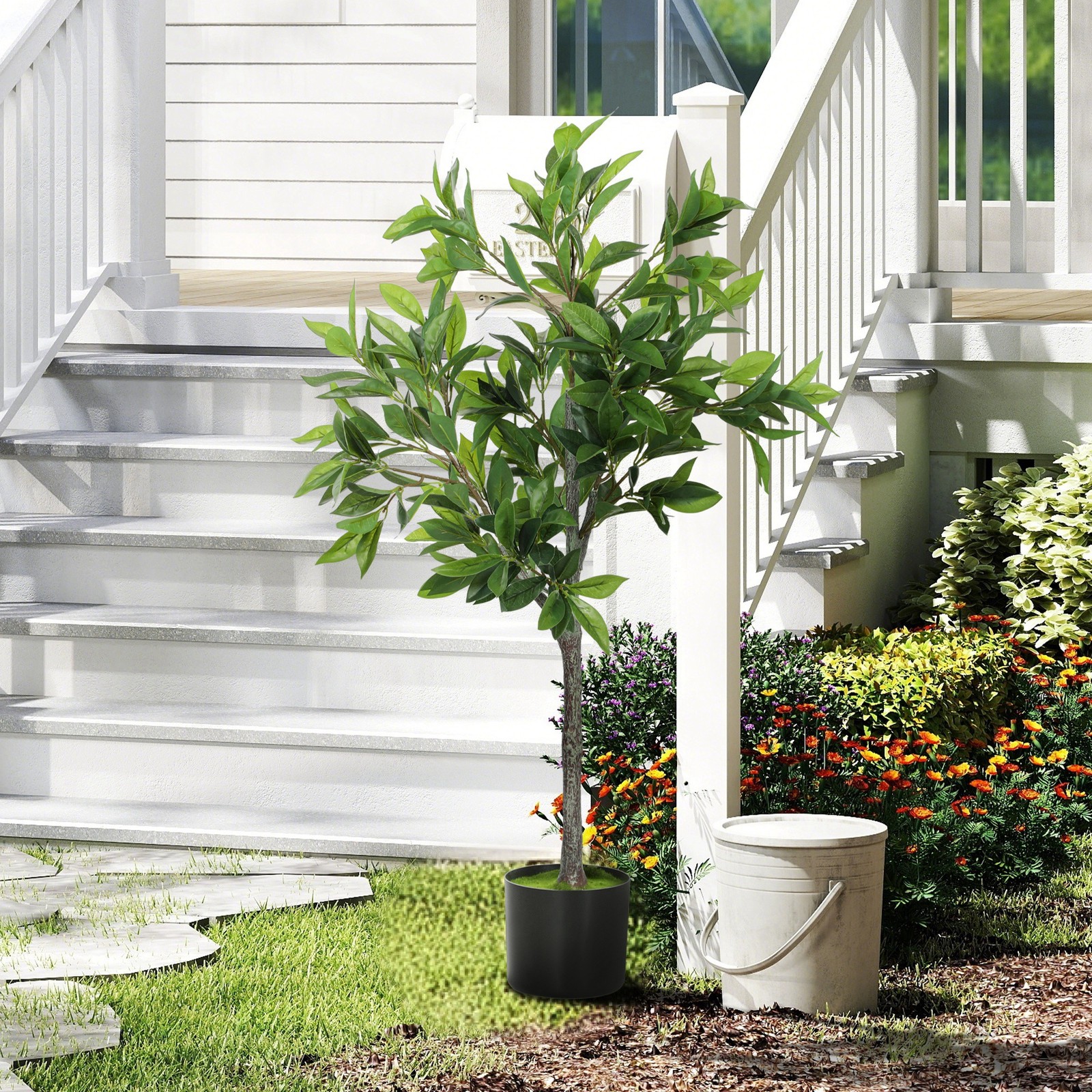 HOMCOM Potted Fake Plant with 345 PEVA Leaves, Lifelike Laurel Tree, Green