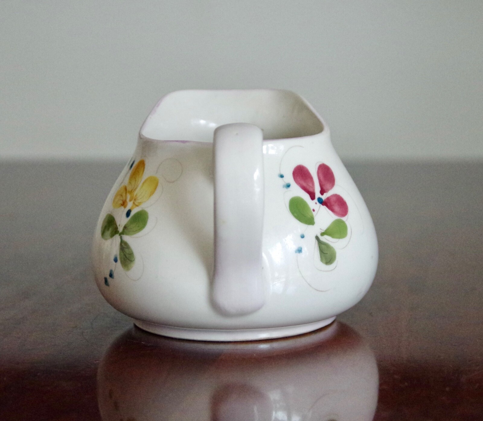 Vintage Hand Painted Portugal Floral Pitcher With Silk Lilac Arrangement