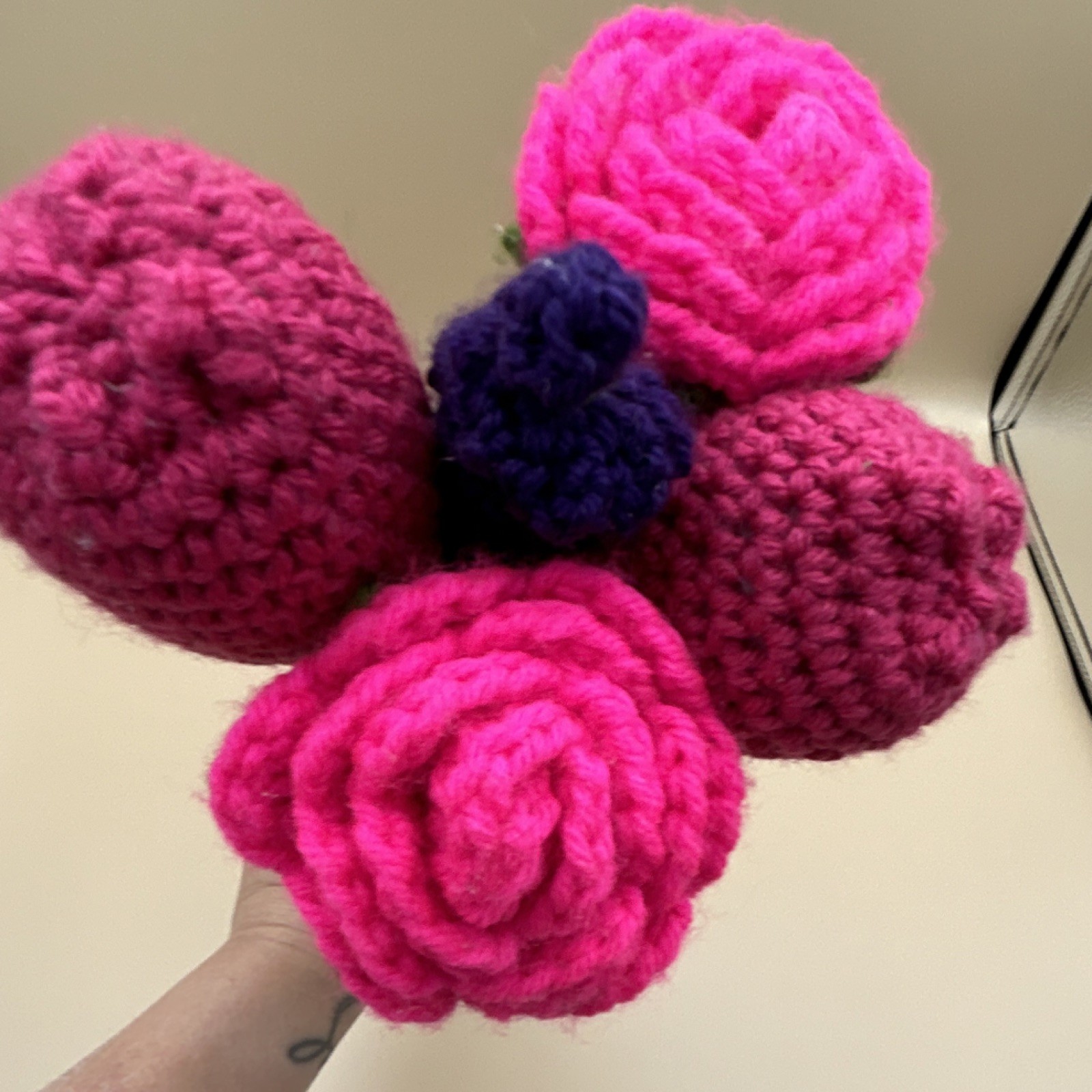 Handmade Yarn Crochet Flower Bouquet Pink Purple Green Rose Lavender Tulip
