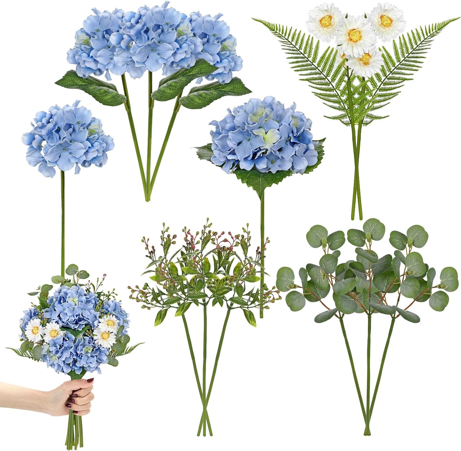 Hydrangea Artificial Flowers, 12PCS Mixed Blue Faux Flowers with Hydrangea &
