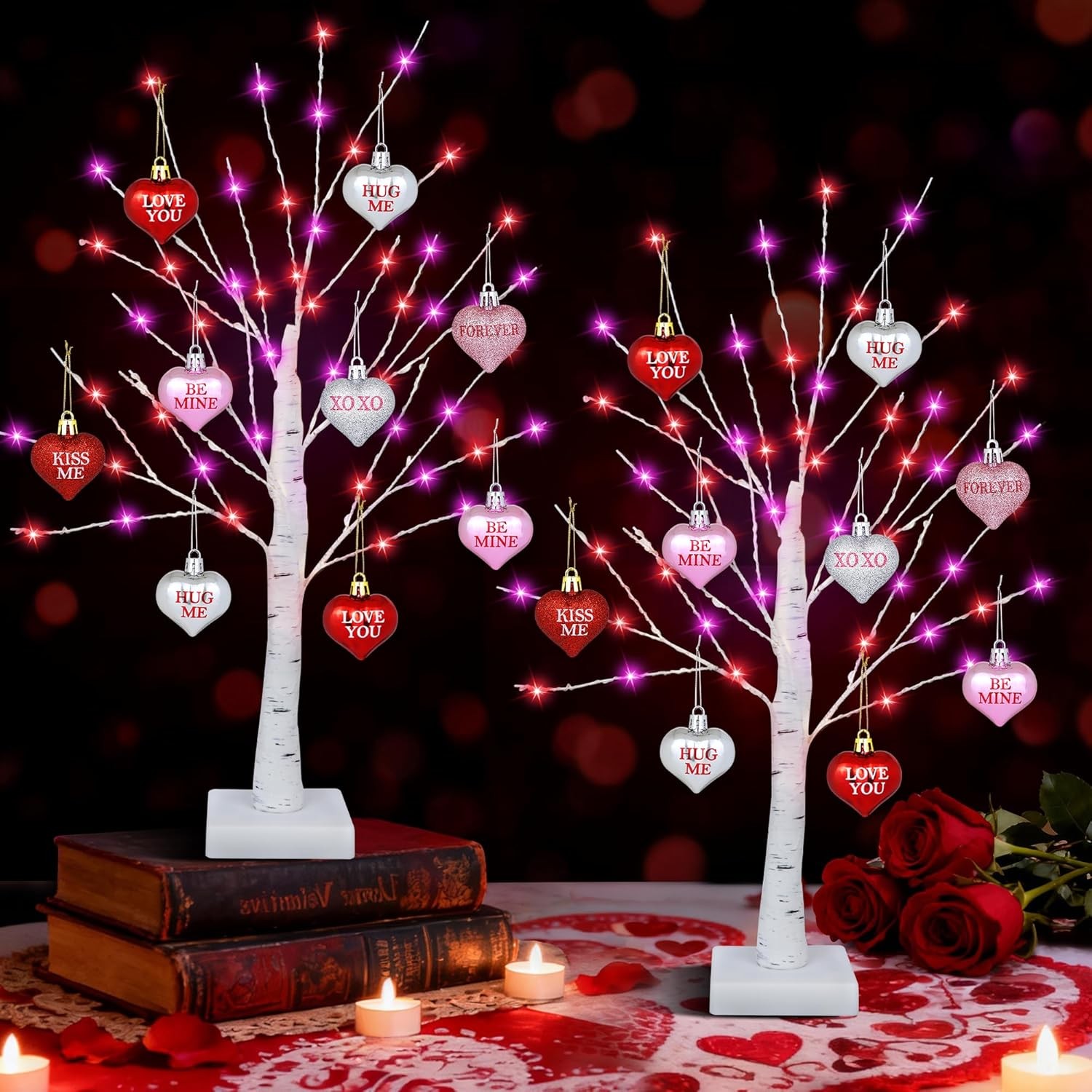 2 Pack 24in Valentine’s LED Tree with 65 Lights, Timer, USB & Battery, 18 Hearts
