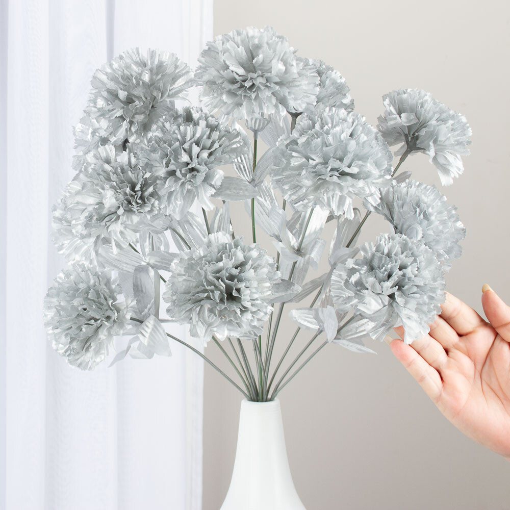 16″ Metallic Silver Artificial Carnation Floral Bush