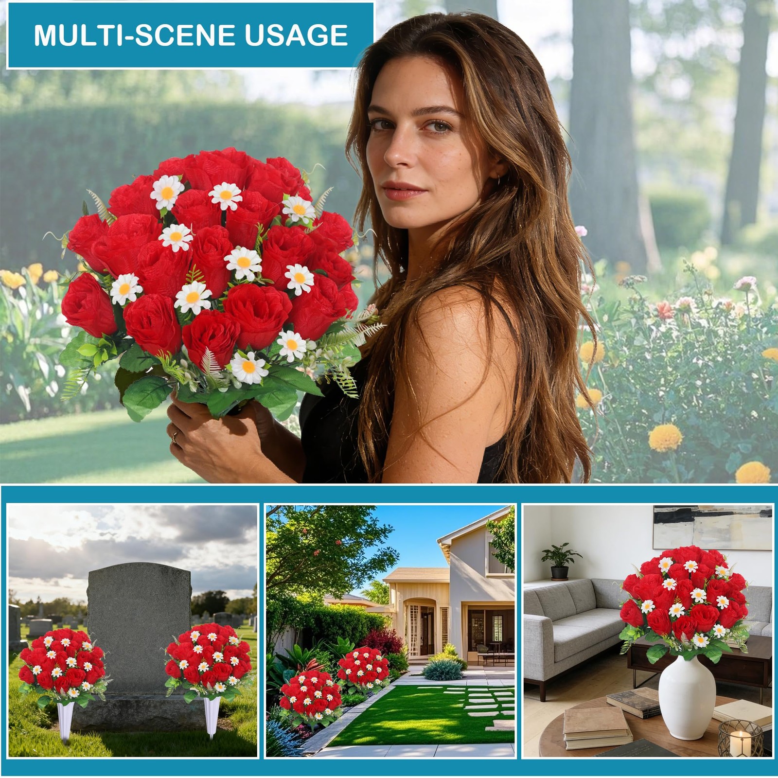 Artificial Cemetery Flowers Red Roses 2 Bouquets 2 Vases Memorial Set