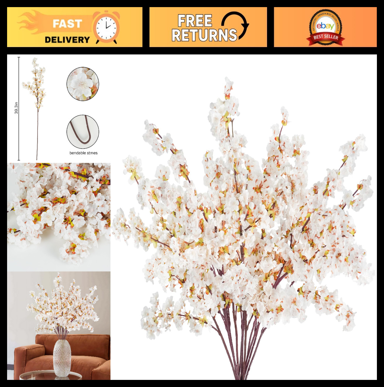 12 Pcs 40″ Faux Silk Cherry Blossom Stems – Real Touch Peach Flowers for Wedding