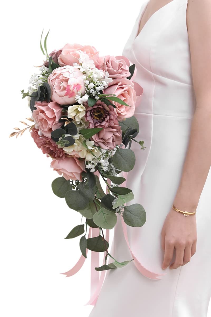 9.8 Inch Wedding Bouquets for Bride Bridesmaid, Dusty Pink Peonies Bridal Bou…