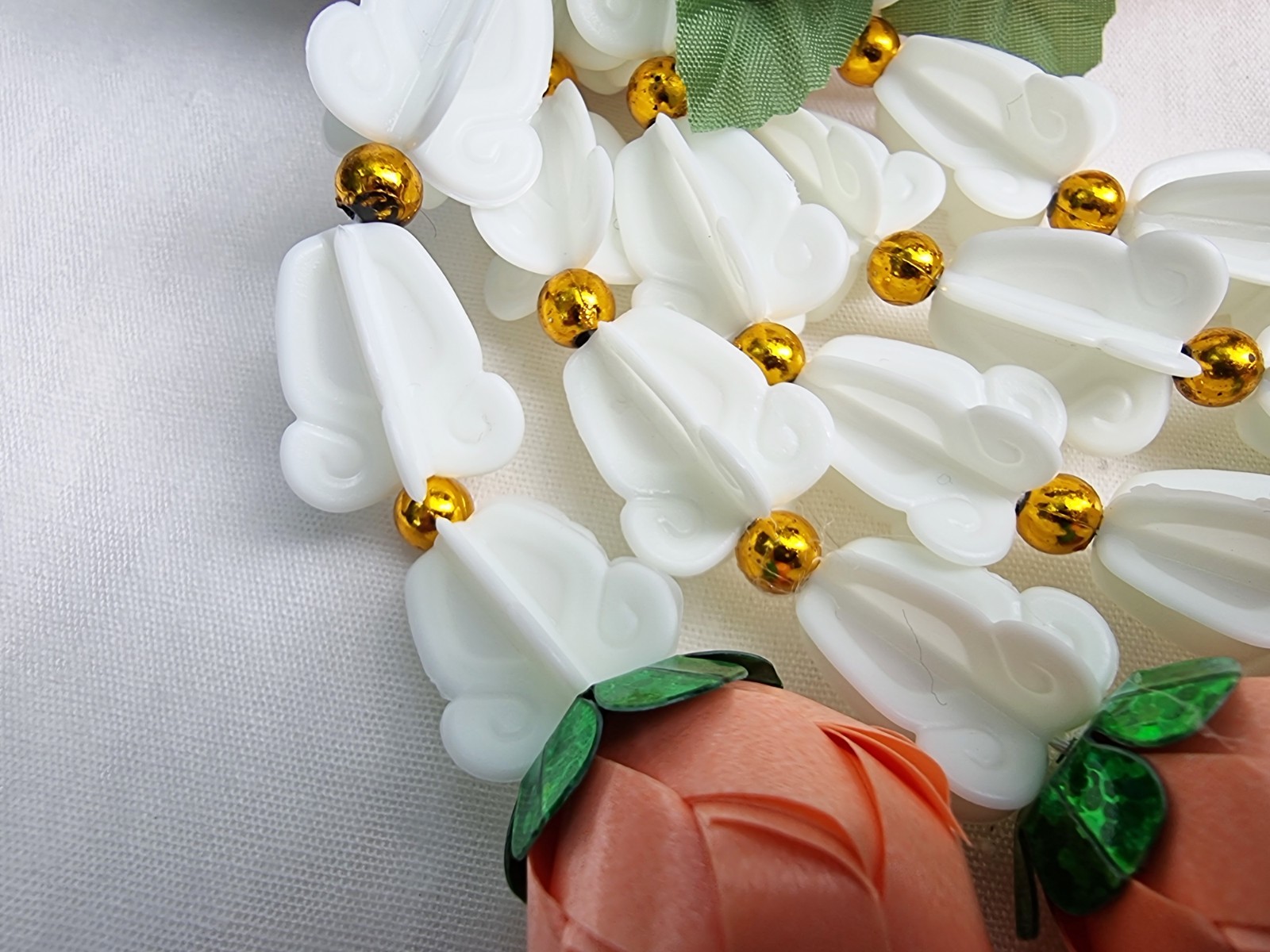 Ribbon folding art, Garland, Artificial Light Orange flowers made from plastic