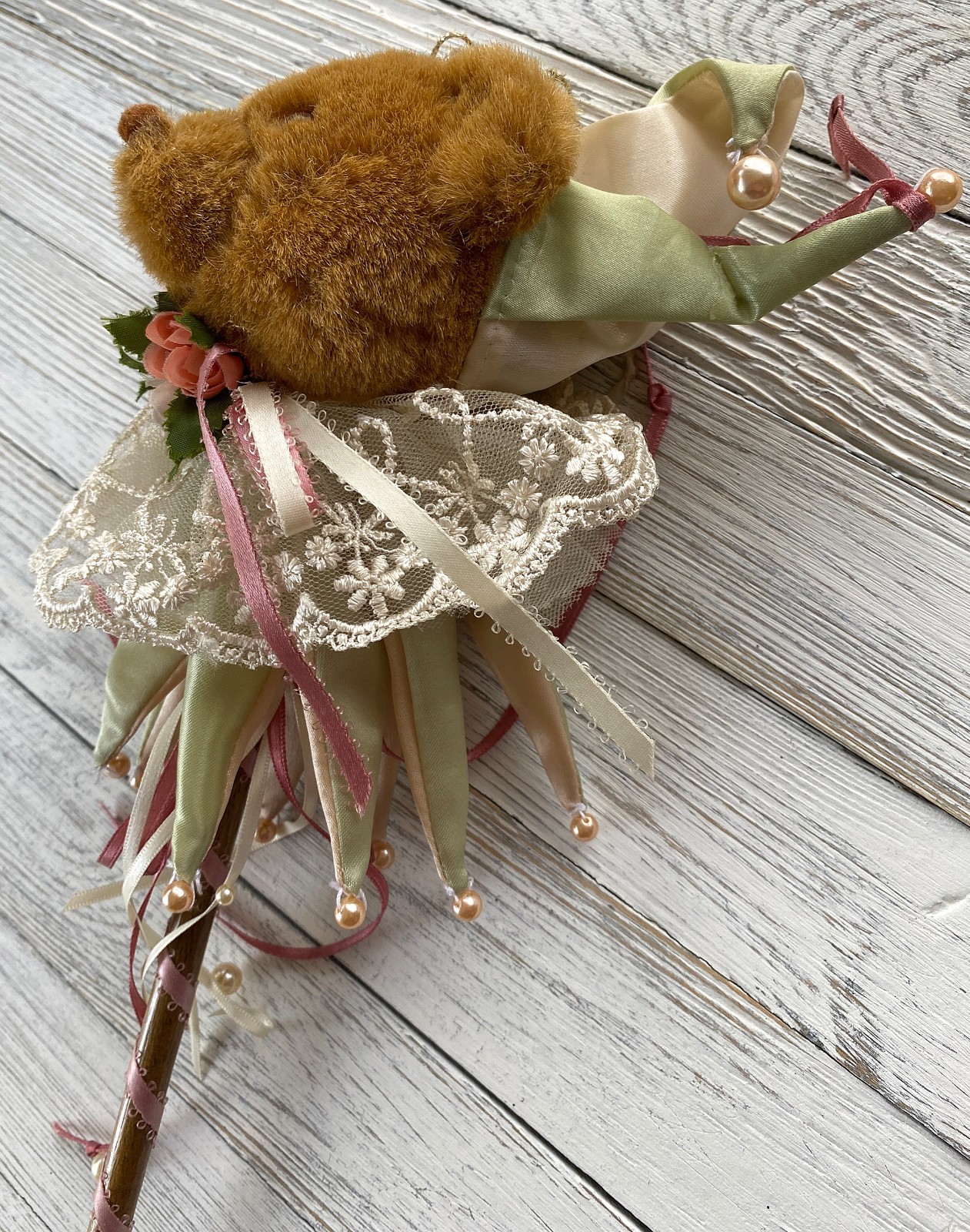 Fancy Teddy Bear with Ribbons, Lace, Flowers on a Stick ~ Unique Wall Decor