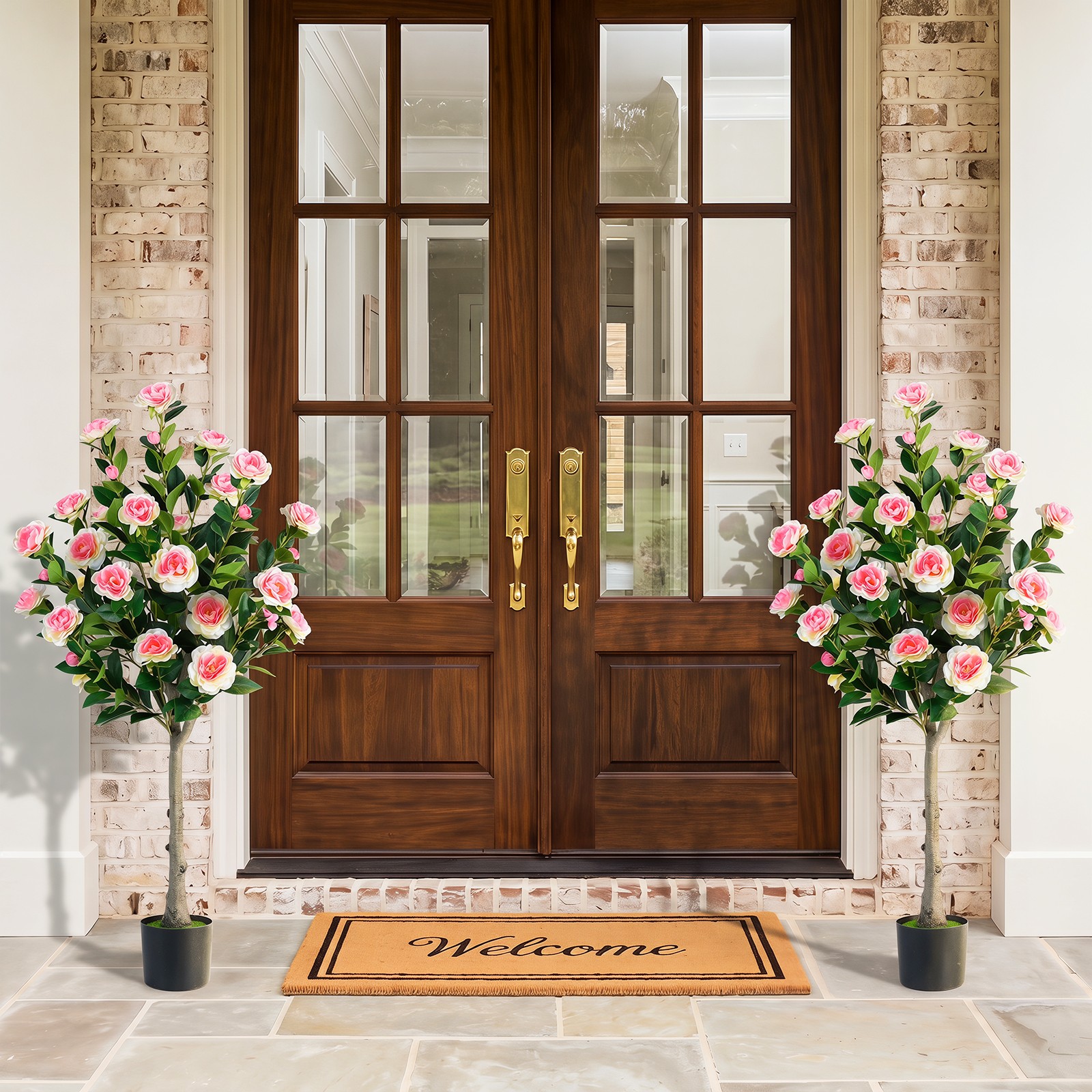2PCS 50.5” Artificial Camellia Tree w/27 Camellia Blossoms in Cement-Filled Pot