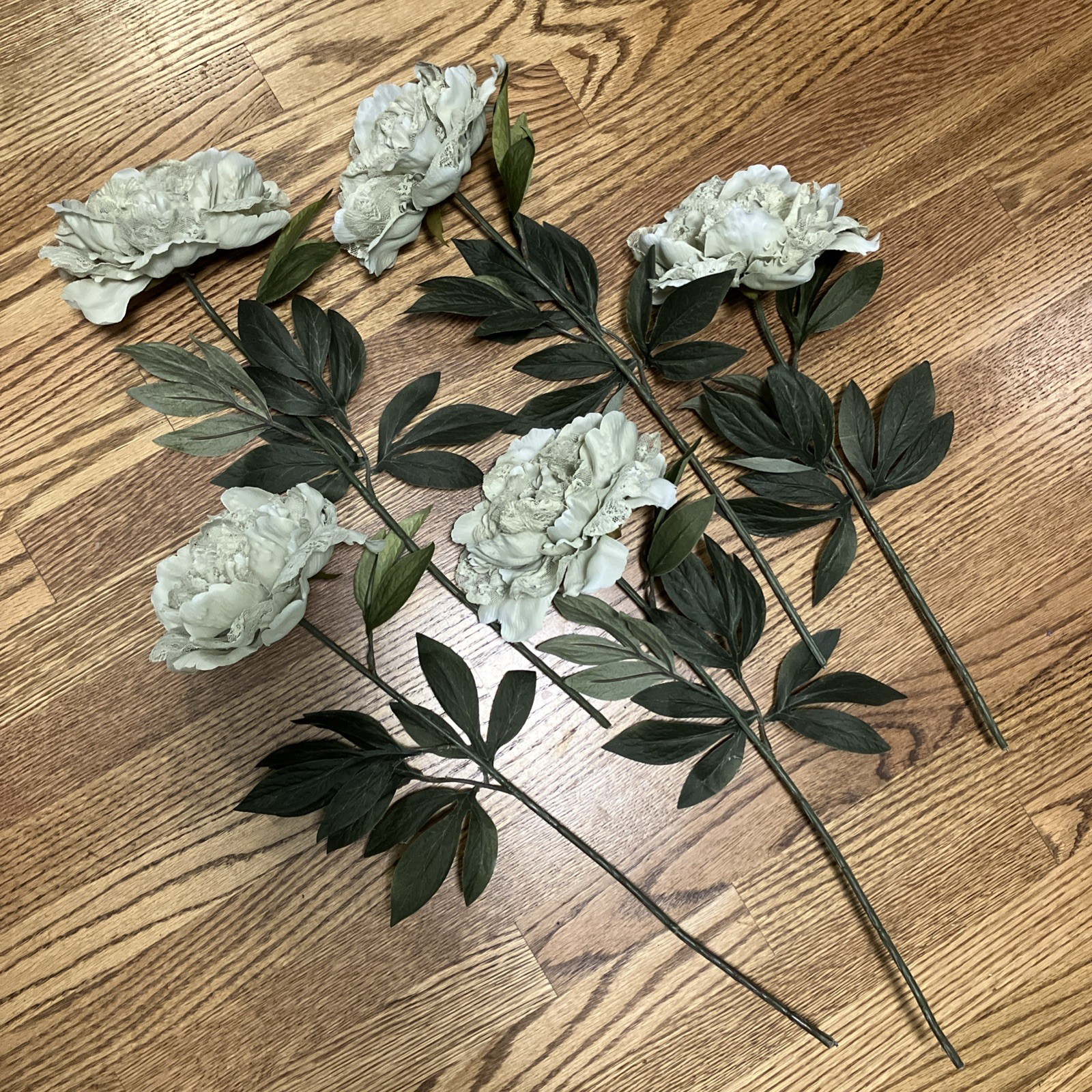 Set of 5 Sage Green Peony Stems With Lace Accent Petals Long Stem Flexible Wire