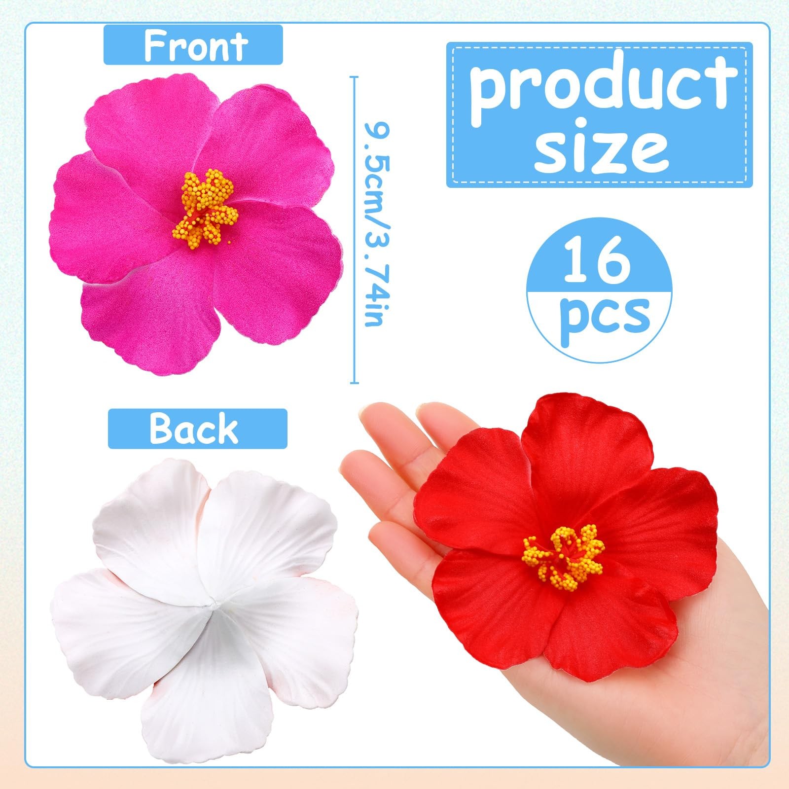 16 Pieces Artificial Hibiscus Flowers for Hawaiian Luau Party, Pink