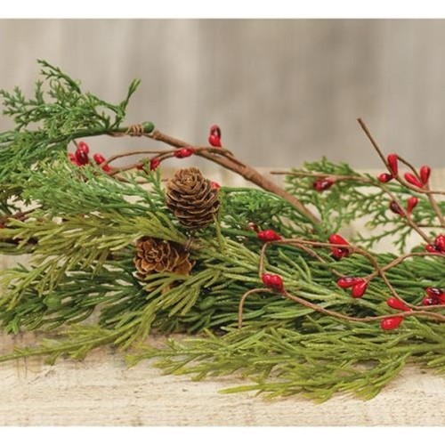 SALE Primitive Farmhouse Christmas CEDAR PINE RED BERRY GARLAND Vine Swag 4ft.