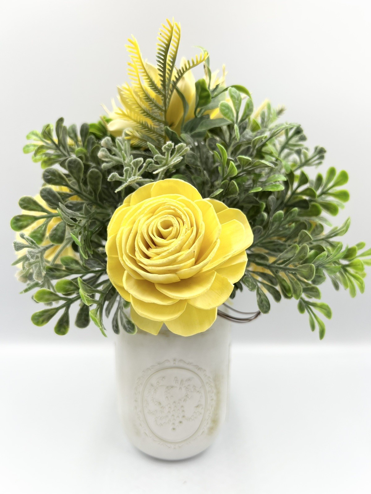 Yellow Sola Wood Flower Arrangement In Ball Canning Jar