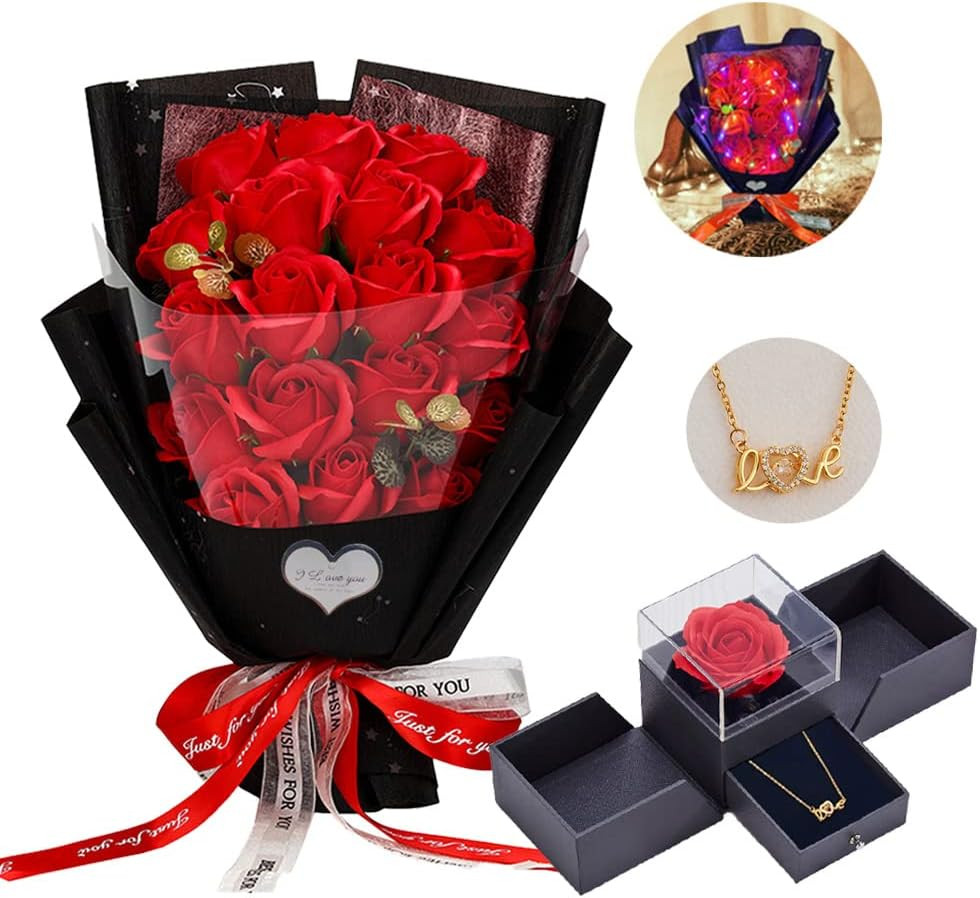 Roses Bouquet Artificial Flower Preserved Flowers with Love Necklace Unique Gift