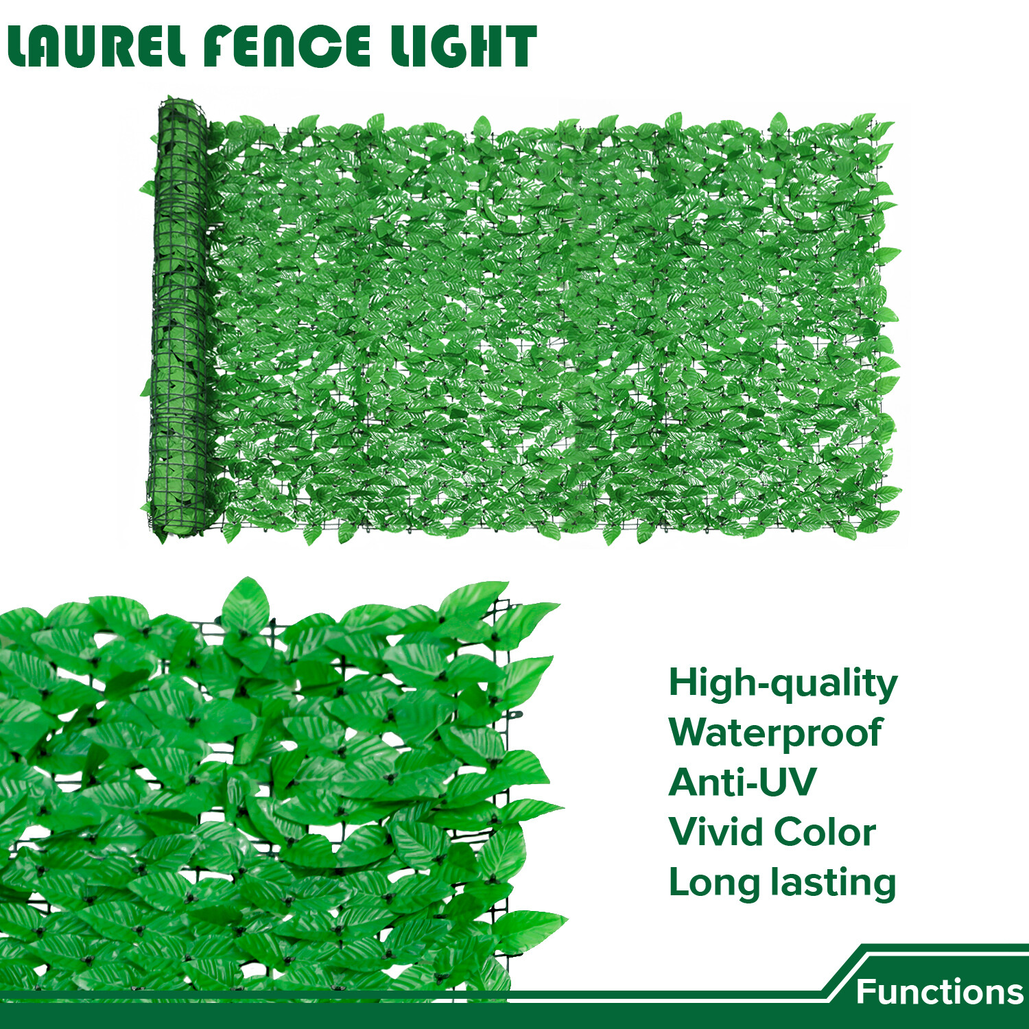 39″x156″ Artificial Faux Light Green Laurel Leaf Privacy Hedge with Mesh Backing