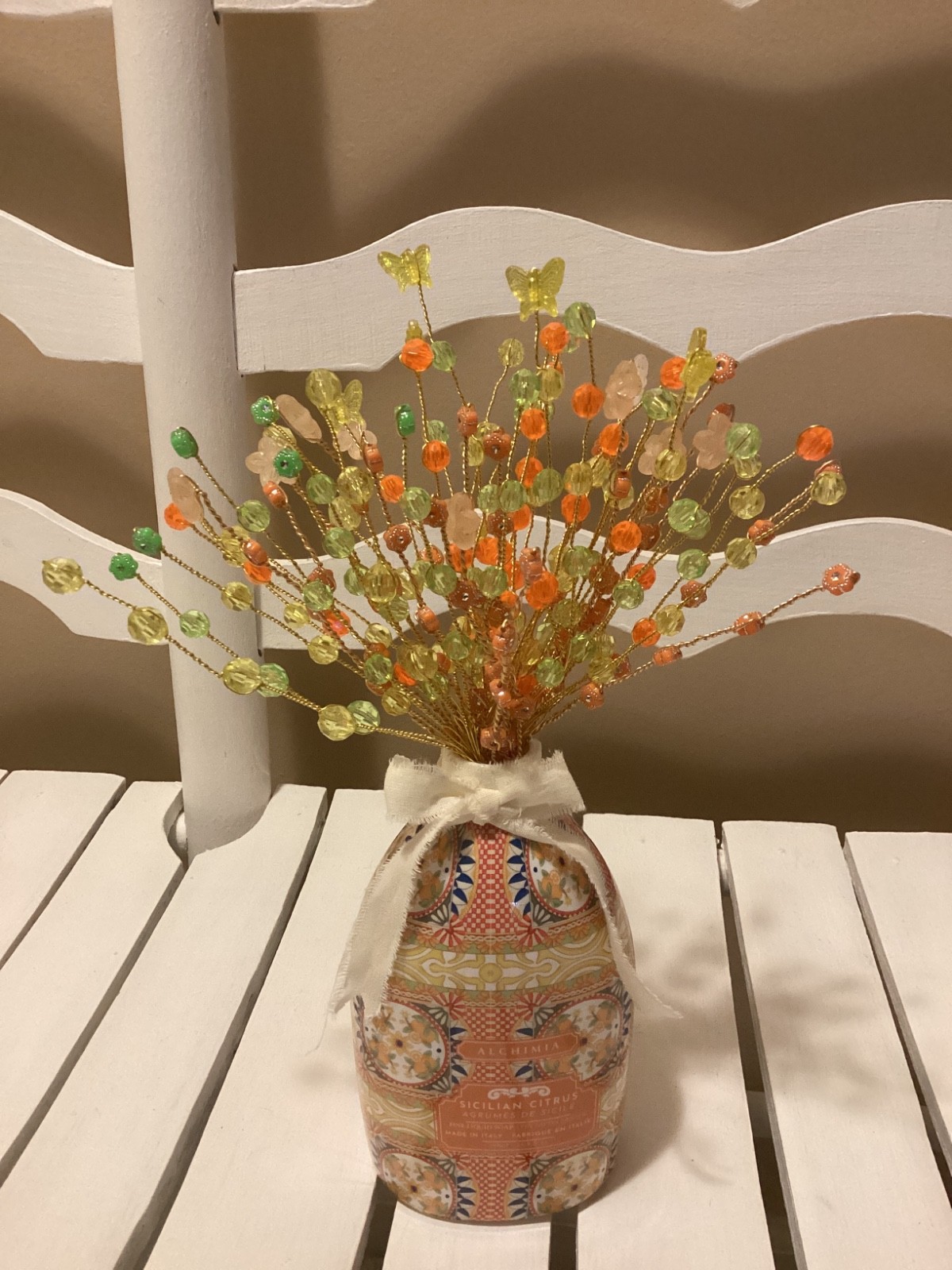 HANDMADE WIRE BEADED BOUQUET HOME DECOR YELLOW ORANGE GREEN WITH BOW