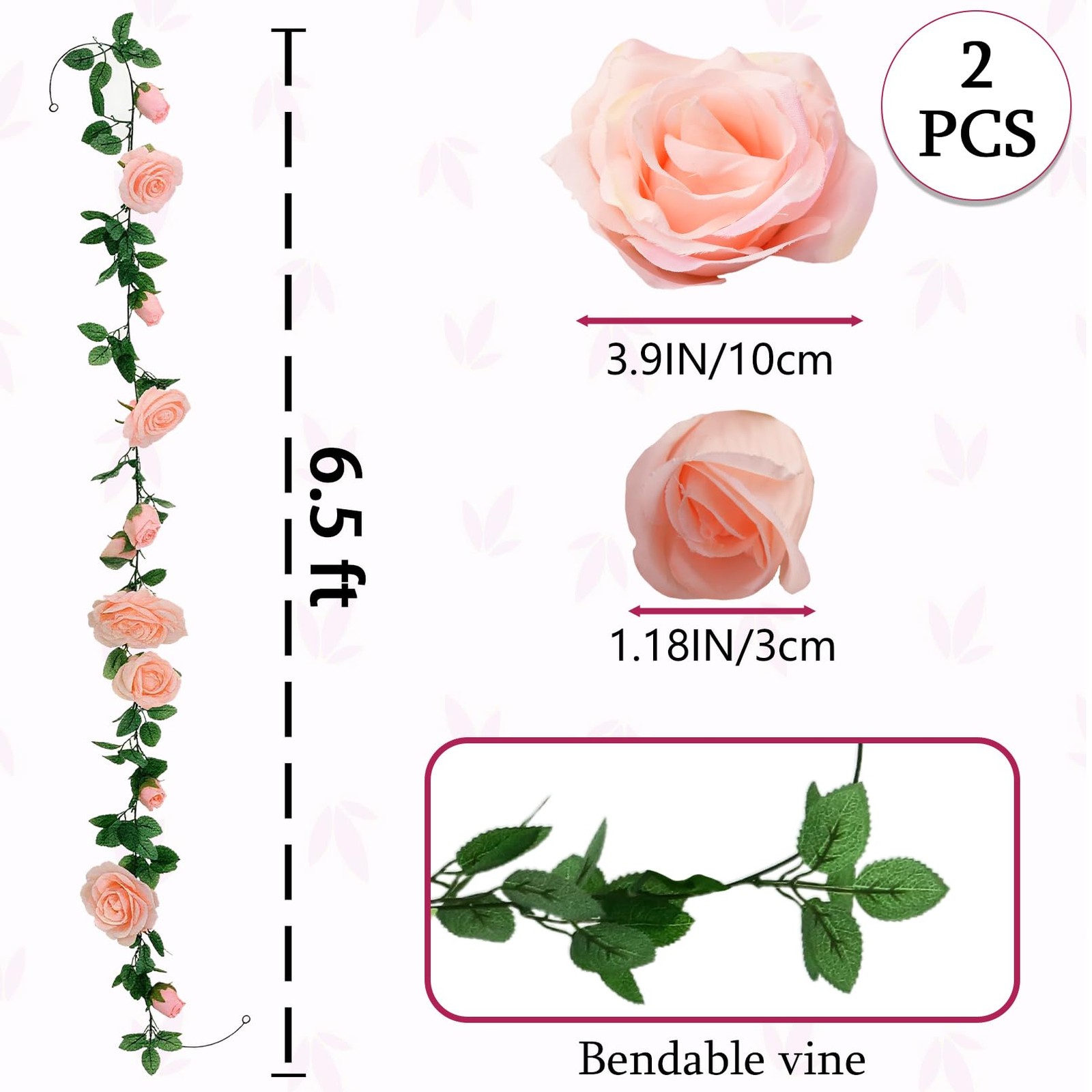 2 Pack Pink Artificial Flower Garland, Each 6.5FT Fake Rose Vines, Hanging Fl…