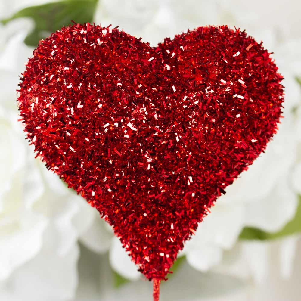 Package of 6 Red Tinsel Foam Valentine’s Day Heart 14″ Tall Picks