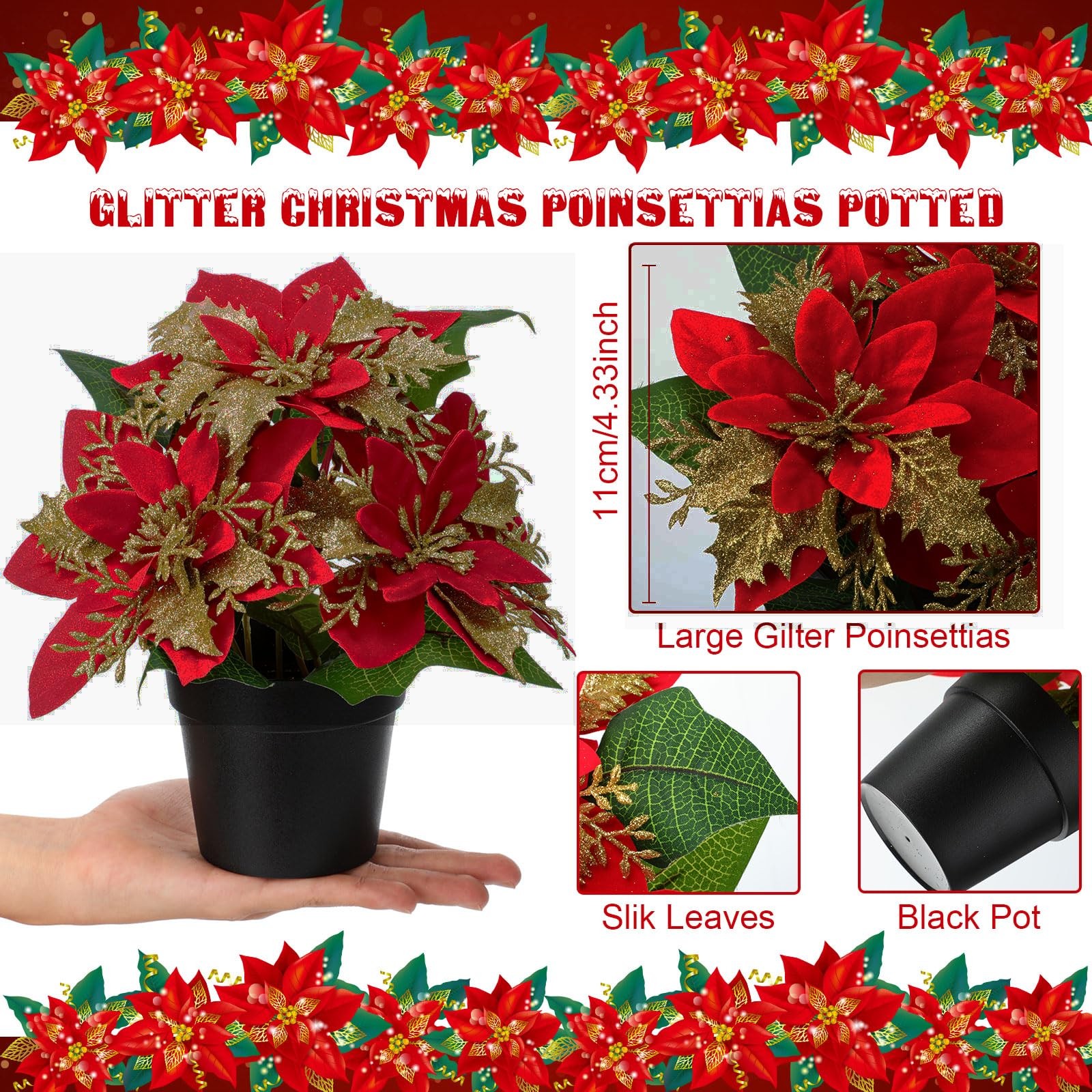 4 PCS Mini 9 Inch Artificial Poinsettias Pots Faux Red Glitter Christmas Decor