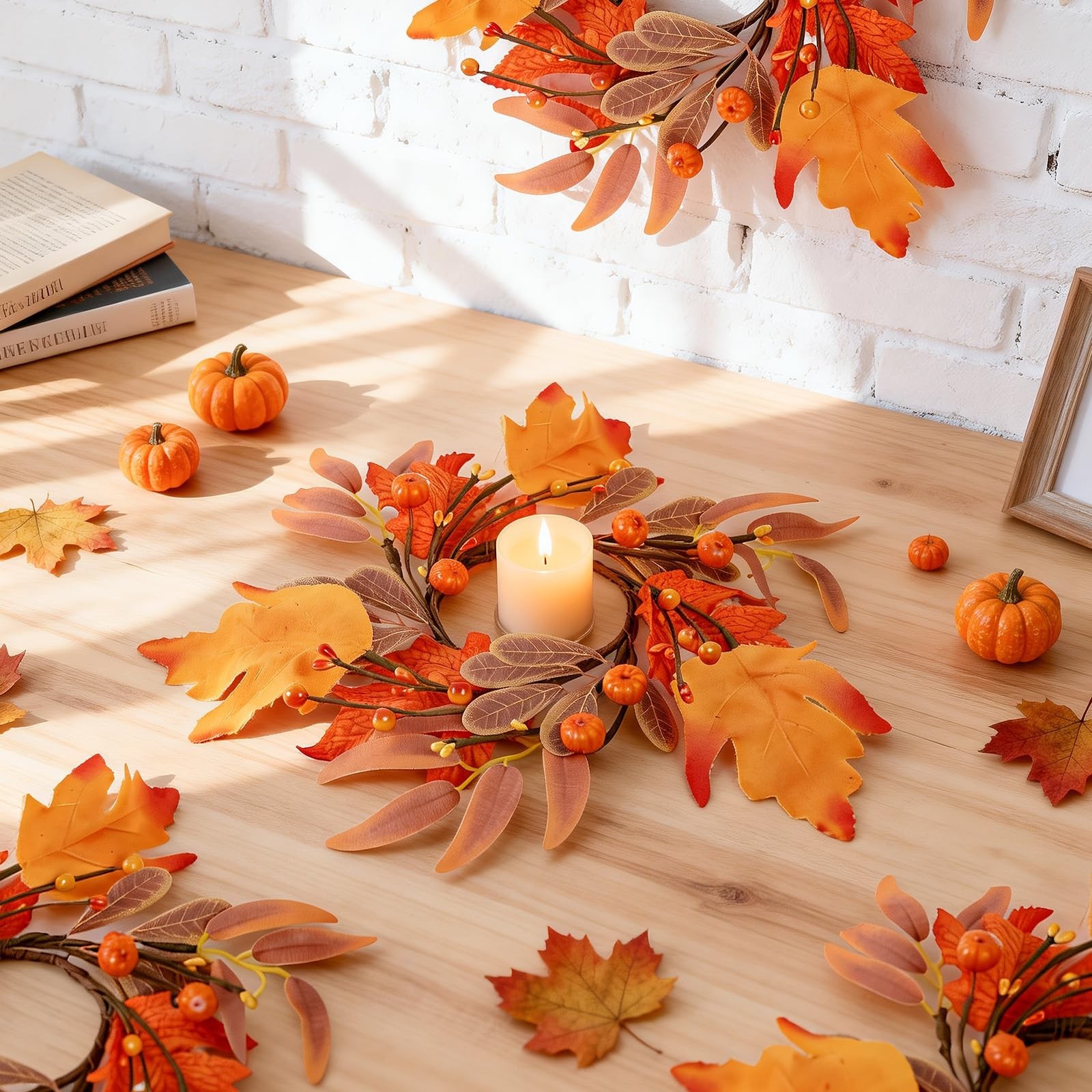 4 Pcs Mini Fall Wreaths – 9″ Maple Leaf Candle Rings, Autumn Centerpieces for Ho
