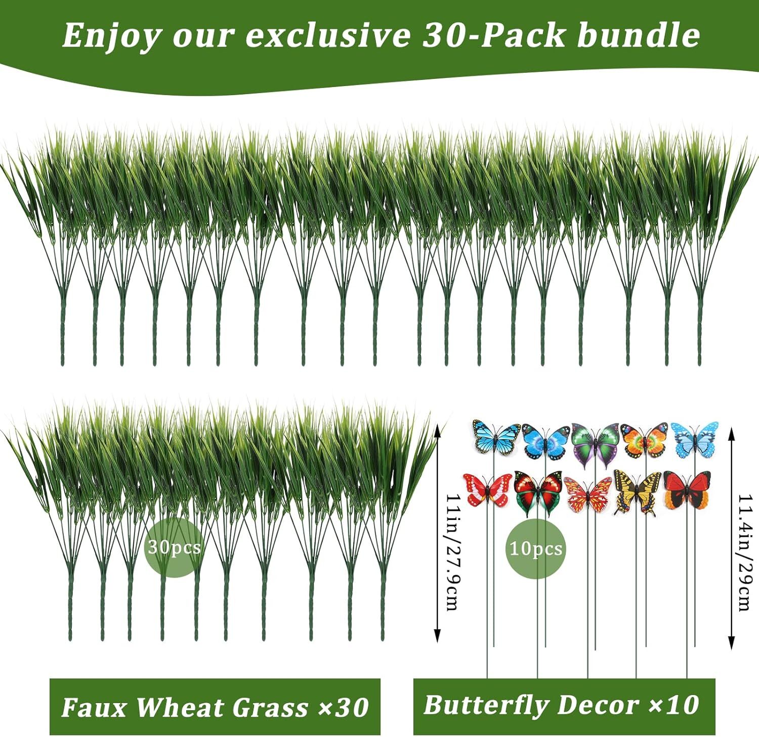30x UV-Resistant Faux Wheat Grasses & 10x Butterflies, Green