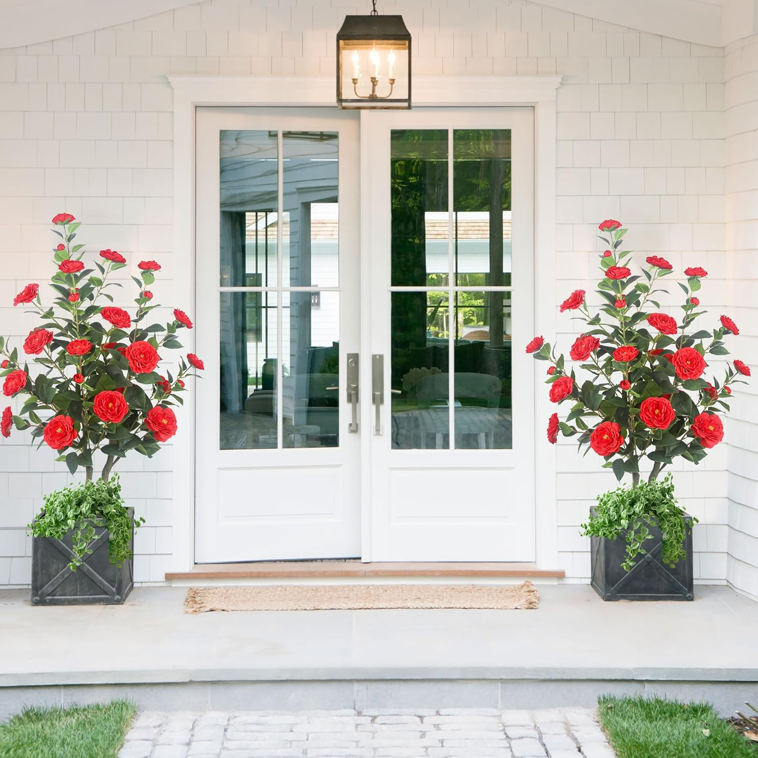2Pack 39.37″ Red Artificial Camellia Trees in Cement Pots – Lifelike Decor